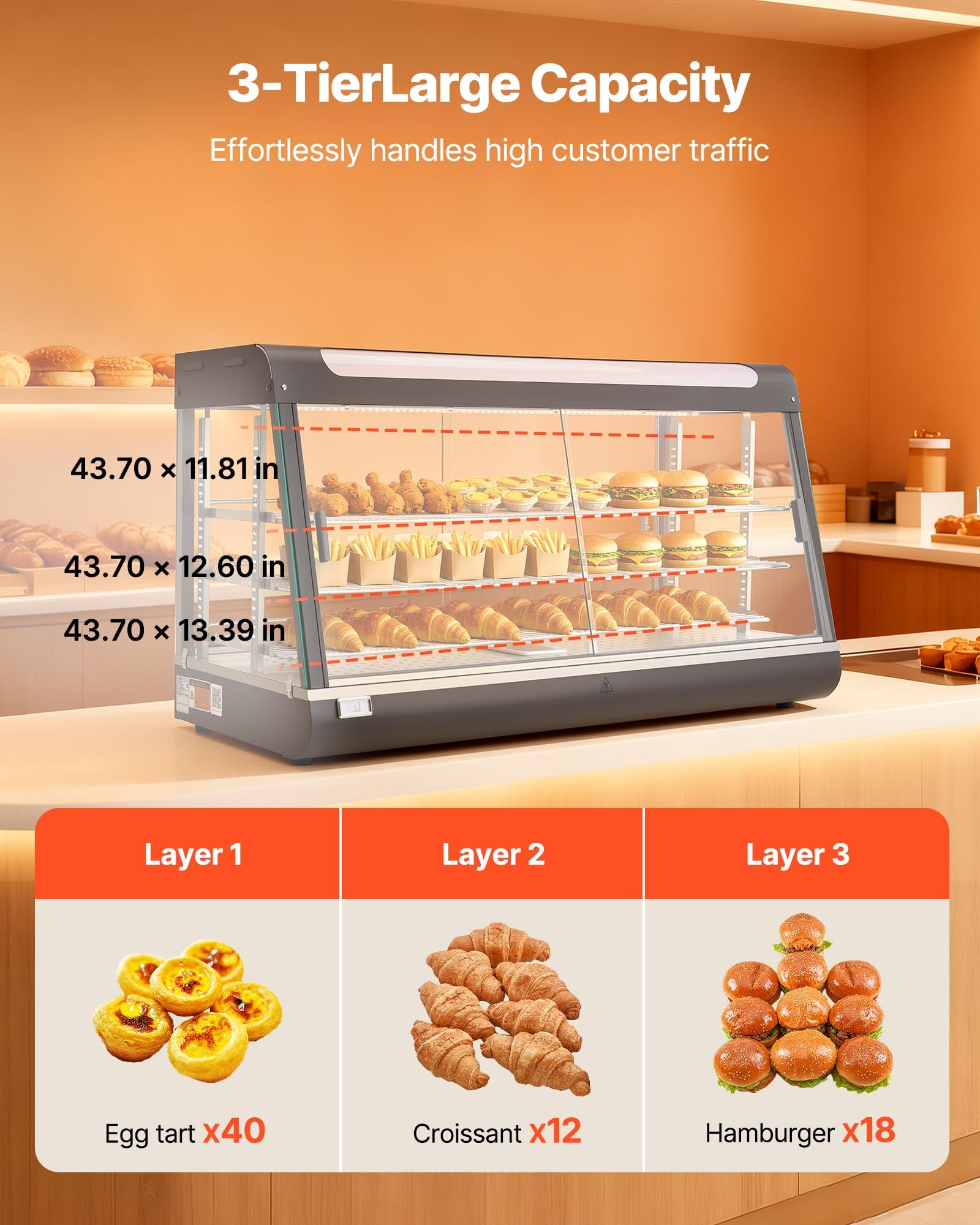 VEVOR Vetrina Calda per Alimenti Cibo a 3 Livelli, Espositore Scaldavivande da 1600 W con Luce LED, Vano Portaoggetti Superiore e Ripiani Regolabili, per Hamburger, Pizza, Pane, Pollo Fritto