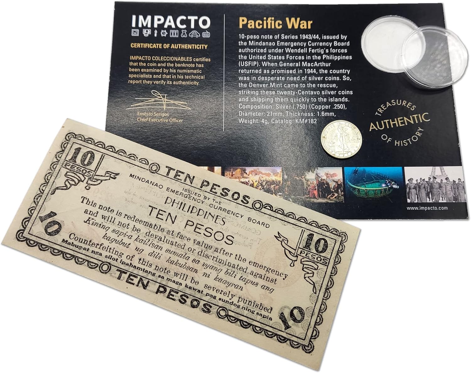 WW2 World Currency - 1 Banknote + 1 Silver Coin Used During The World War 2 (Philippines 1943-45) - MacArthur Returned as Promised - with Bags of Silver!, Certificate of Authenticity Included.