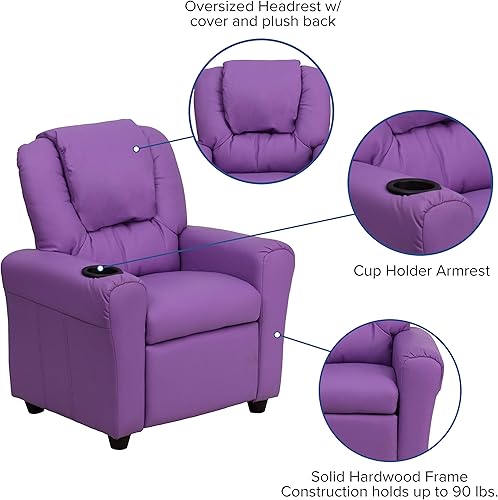 Miniatura 7 de BizChair Sillón reclinable infantil de vinilo lavanda con portavasos y reposacabezas