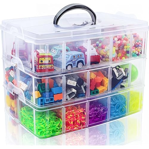 SGHUO 3-Tier Stackable Storage Container Box with Dividers-30 Compartments, Bead Organizers for Art Craft Storage, Washi Tape, Kids Toys, Jewelry, Beauty & Sewing Supplies