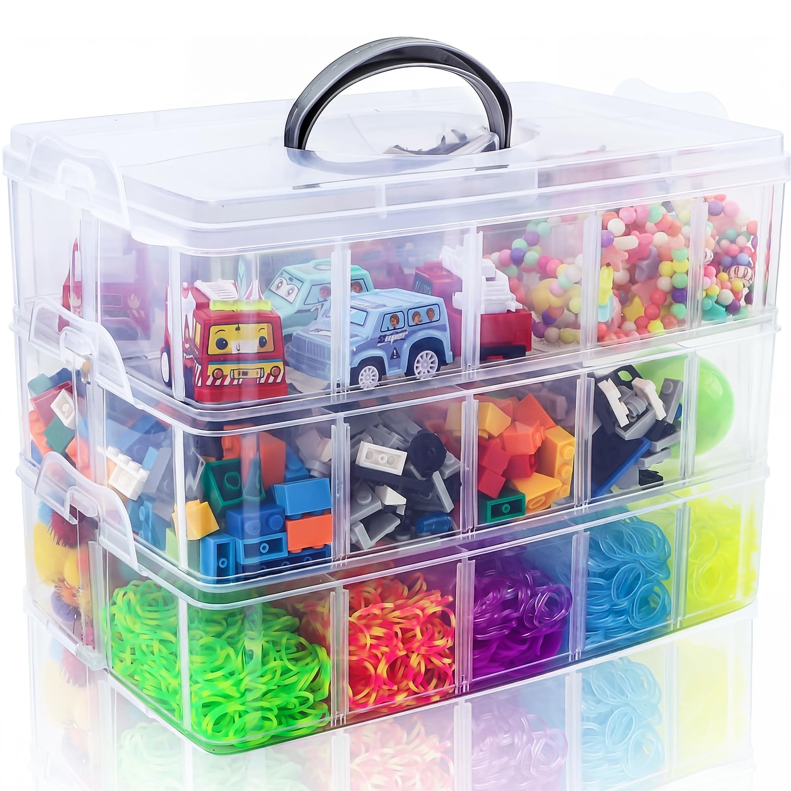 SGHUO Contenedor de almacenamiento apilable de 3 capas para manualidades con 30 compartimentos, caja organizadora de plástico para juguetes, accesorios de costura, cintas Washi