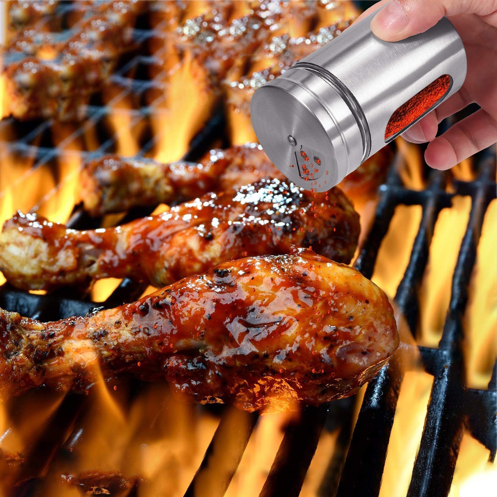 Set 6 Barattoli Spezie In Acciaio Inox - Contenitori 90ml Con 3 Fori Dosatori