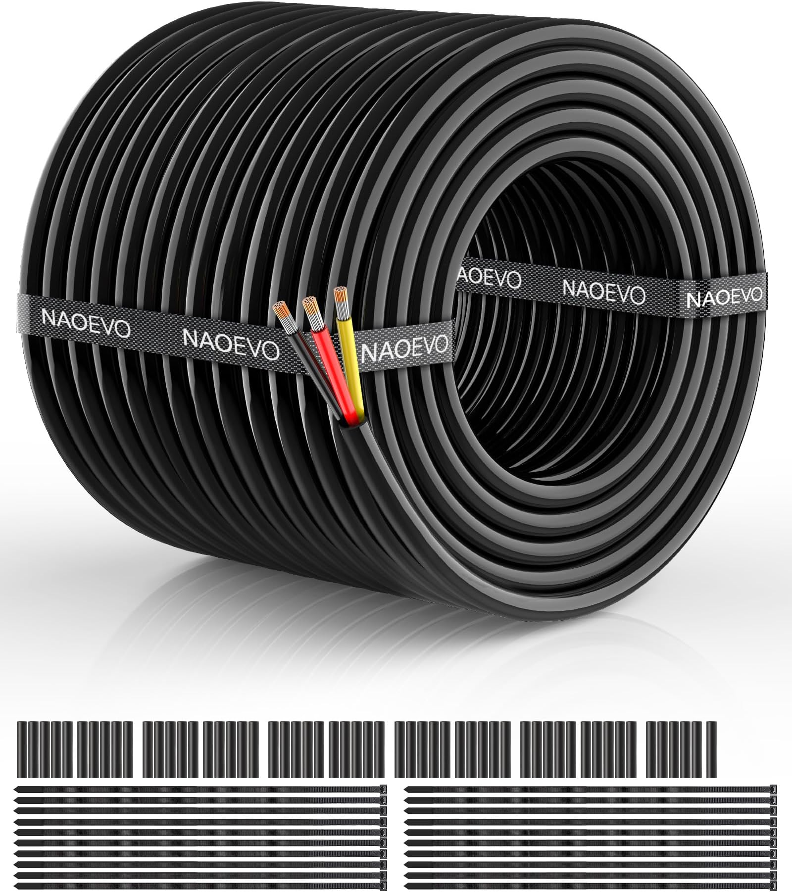 NAOEVO 16 Gauge Wire 3 Conductor Electrical Wire, 16 AWG Stranded PVC Cord, 12V Low Voltage/Tinned Copper/Flexible Cable for Automotive Wiring, Lamp Cord, Marine Cable (100FT)