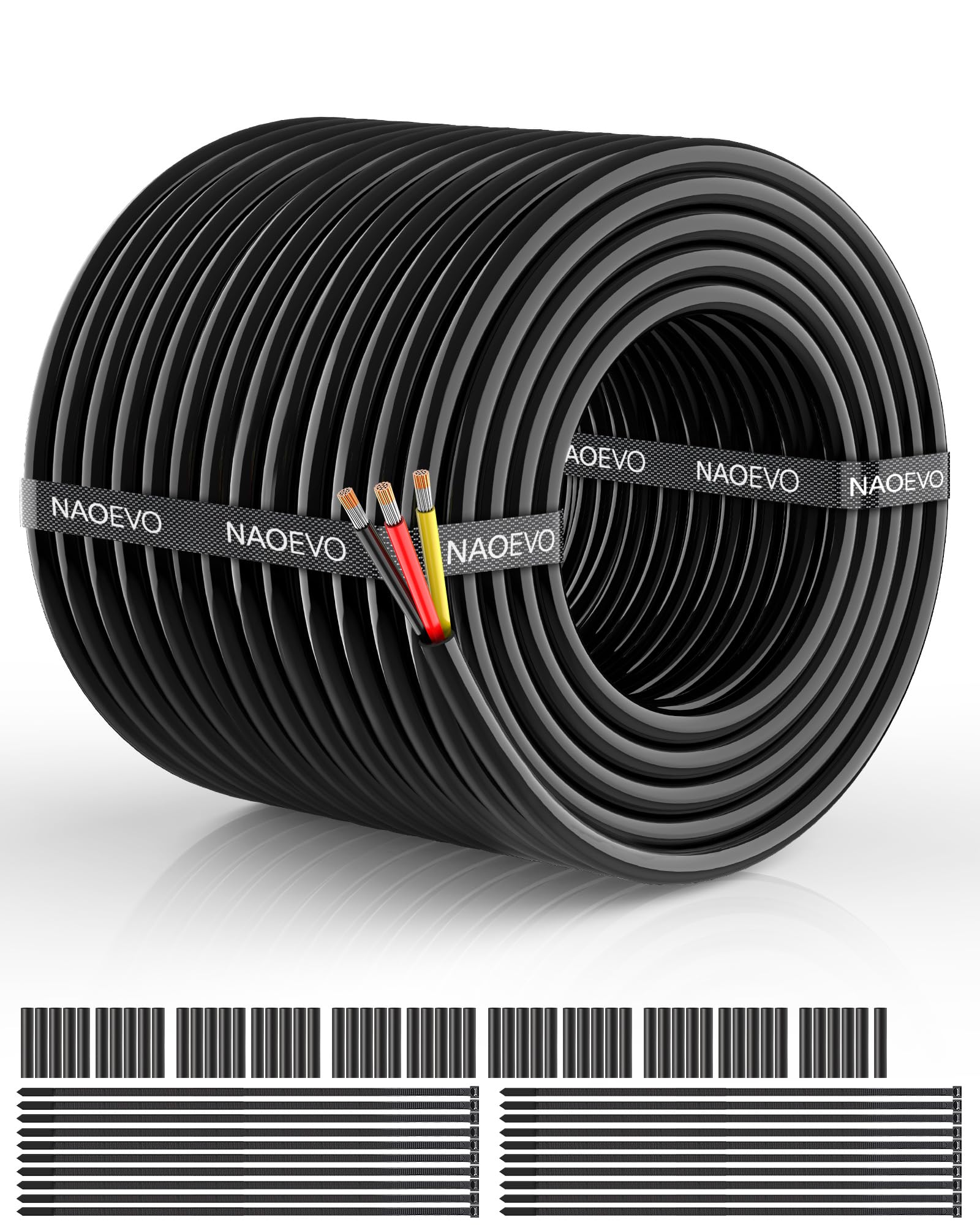 NAOEVO 16 Gauge Wire 3 Conductor Electrical Wire, 16 AWG Stranded PVC Cord, 12V Low Voltage/Tinned Copper/Flexible Cable for Automotive Wiring, Lamp Cord, Marine Cable (100FT)