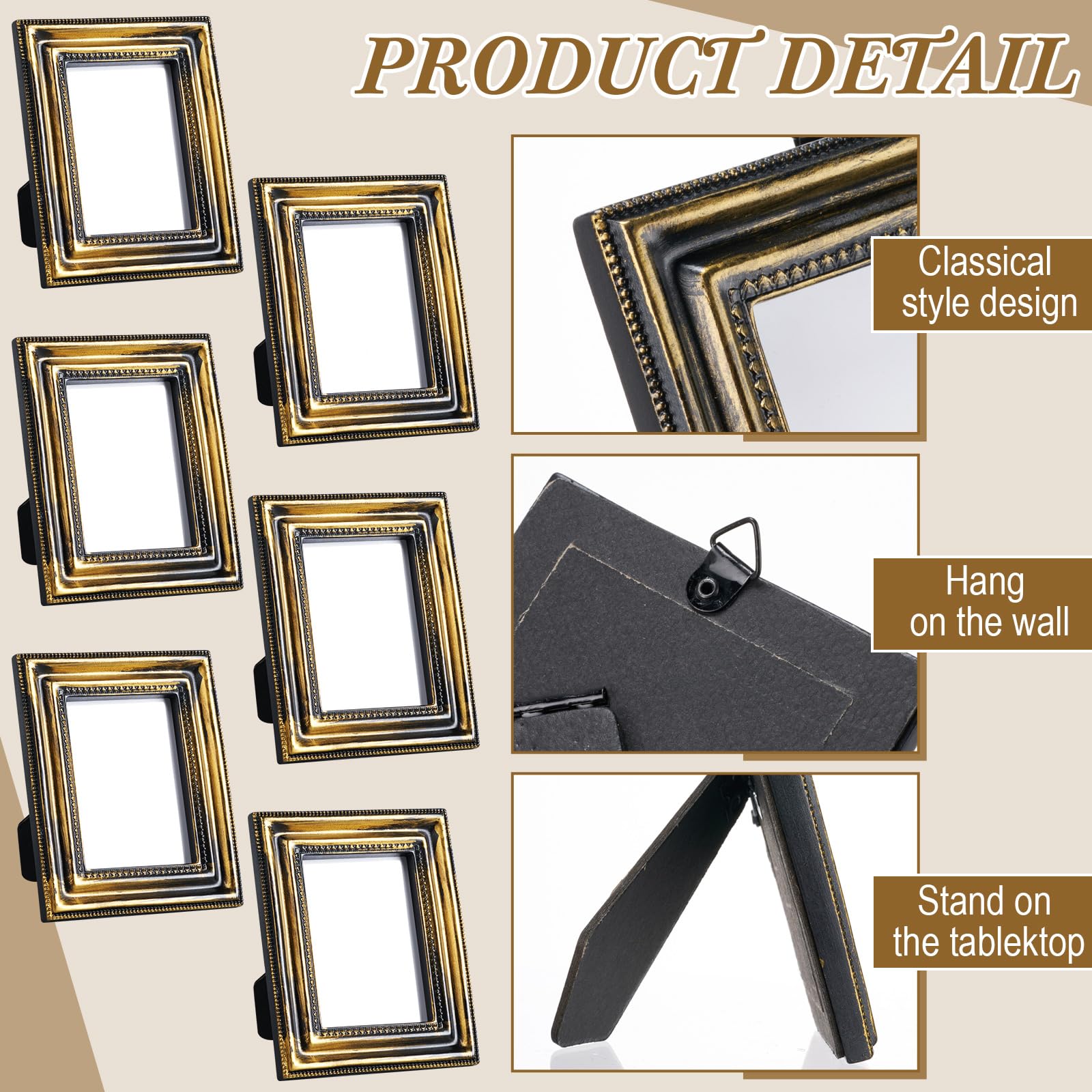Qunclay Lot de 5 petits cadres photo dorés, noirs et blancs - 5 mini cadres photo rétro - 5 x 3,5 cm - Décoration murale - Décoration de table - Doré, noir et classique