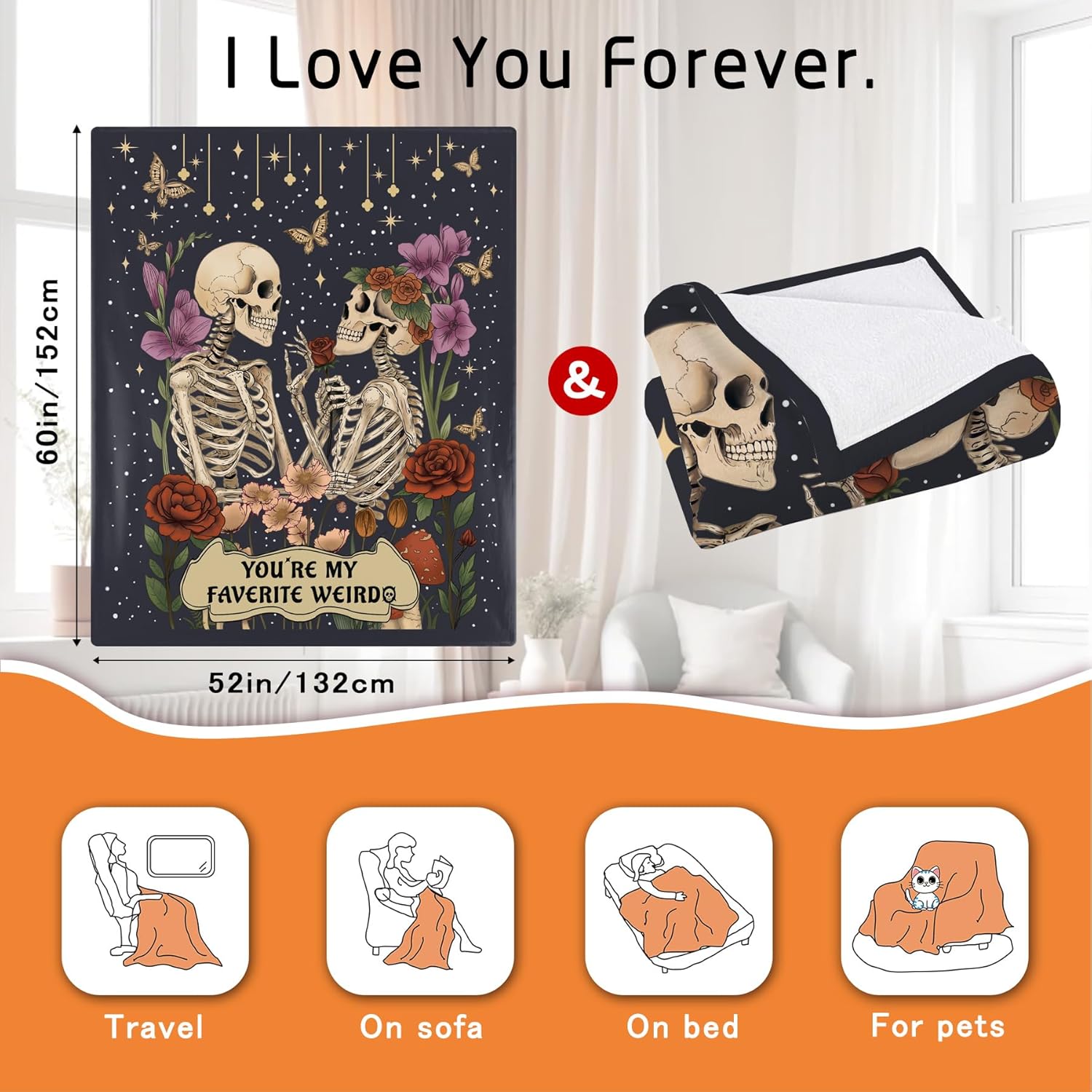 Anniversary Couple Gift Blanket for Her Him,Skull Lover Throw Blanket for Boyfriend Girlfriend 60"X52",I Love You More Wedding Birthday Gift for Husband Wife,Christmas Skeleton Decor for Women (Black) - Image 6