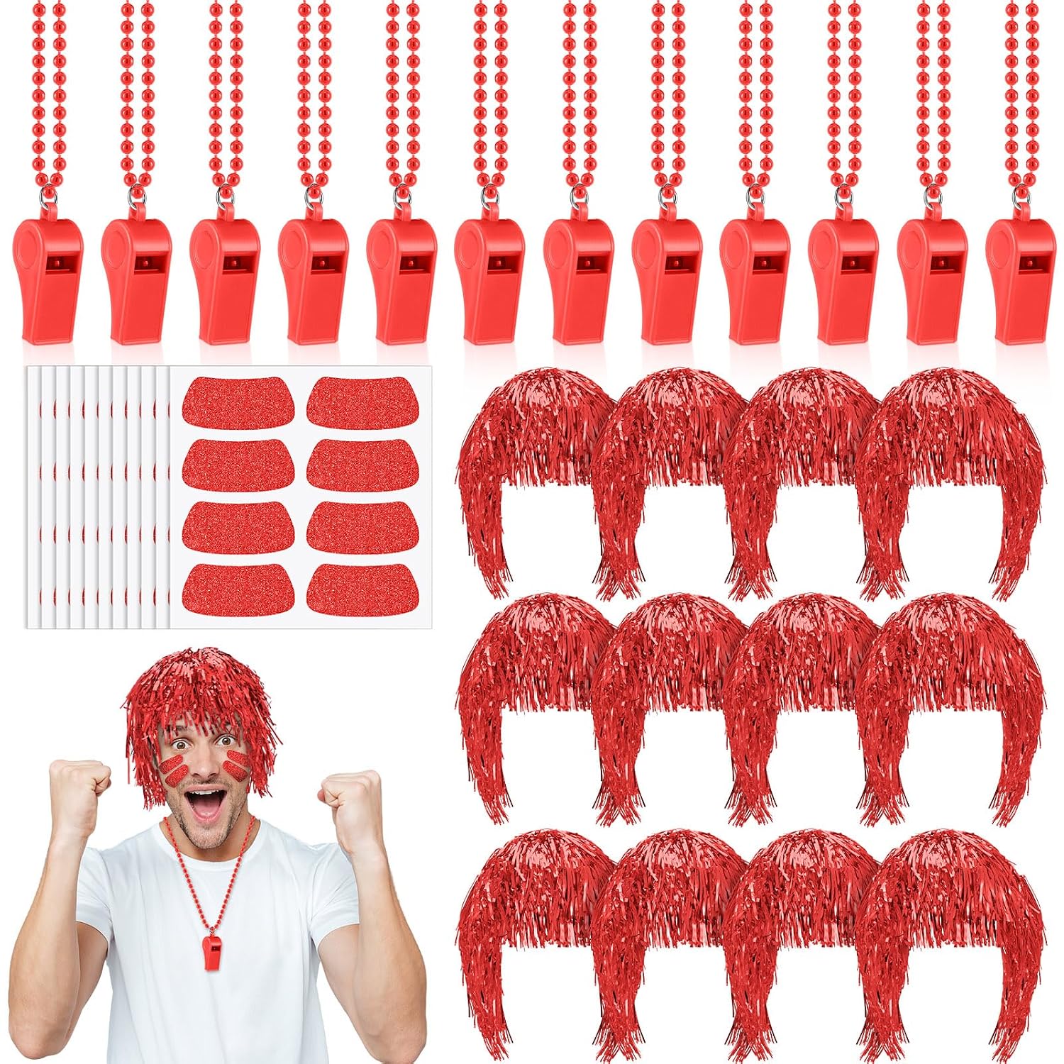 Realspring 124 Pcs Red Team Spirit Bulk Set Foil Wigs Whistles Eye Black | Metallic Tinsel Wigs Whistles Necklaces Eye Black Stickers, Game Day Pep Rally Party Favors, Spirit Week Bulk Supplies