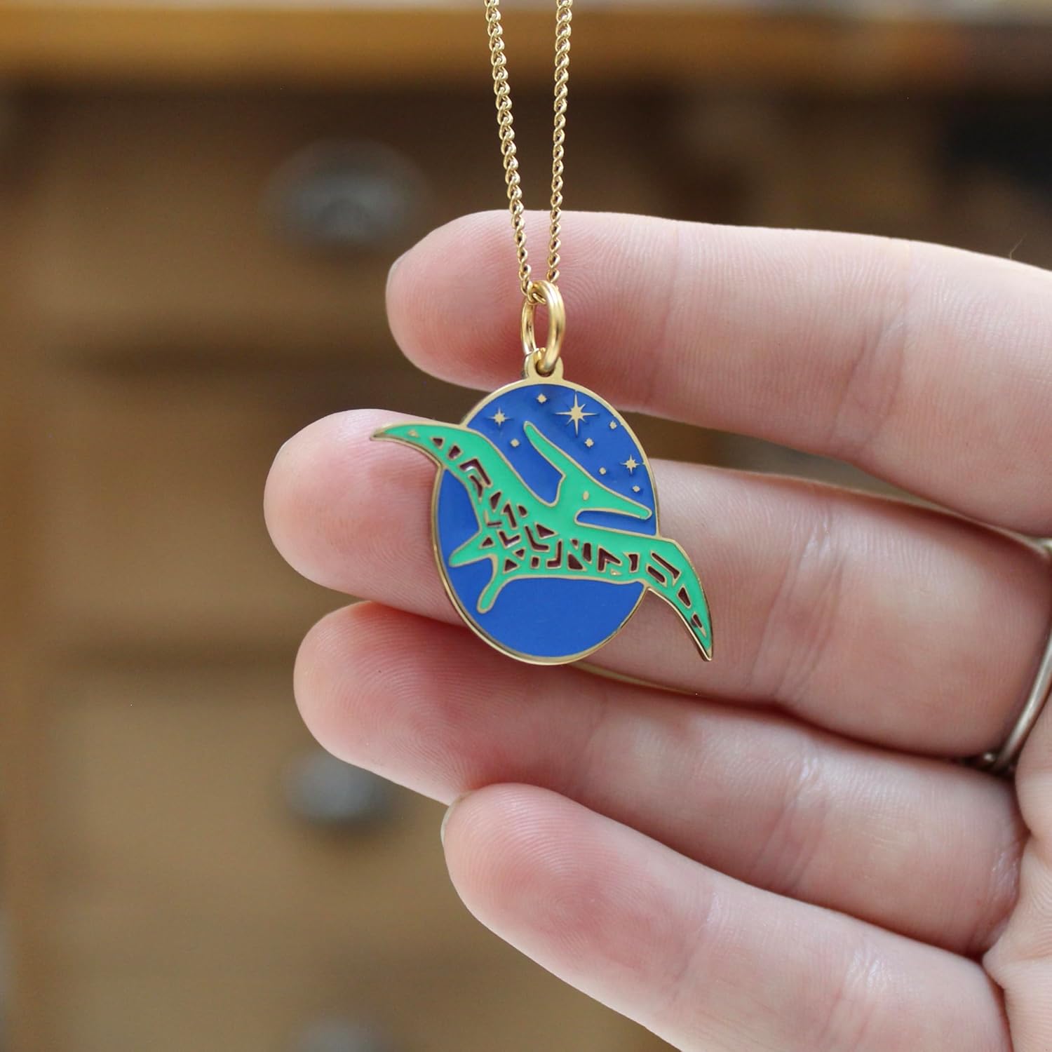 Mark Poulin Gold Pterodactyl Dinosaur Charm Necklace - Gold Finished Dinosaur Jewelry on Adjustable Chain