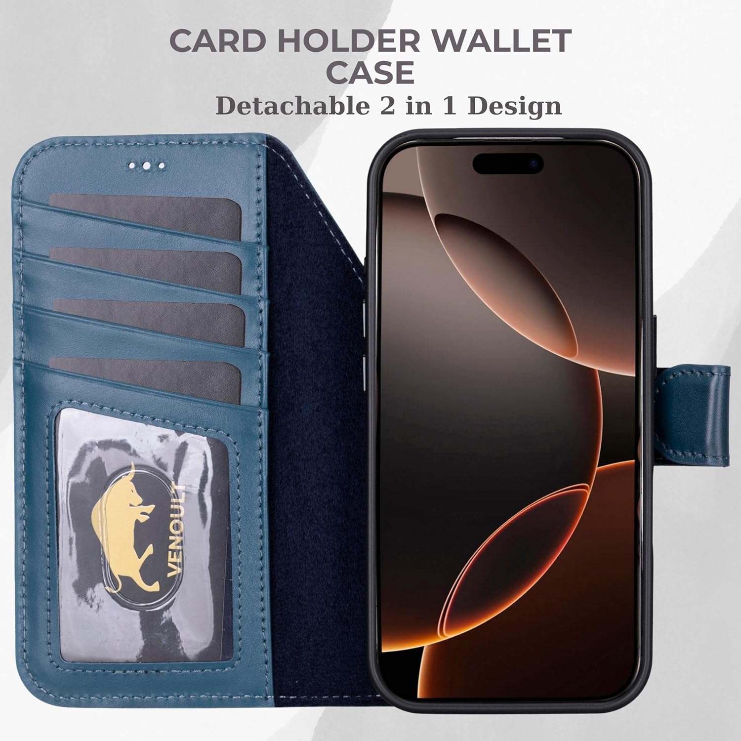 VENOULT Detachable Wallet Case for iPhone, Buesiness Style for 17 Pro MAX 4 Card Holder Folio Cover, Man or Women, Compatible with Magsafe, RFID, Full Grain Genuine Leather (Admiral Blue)