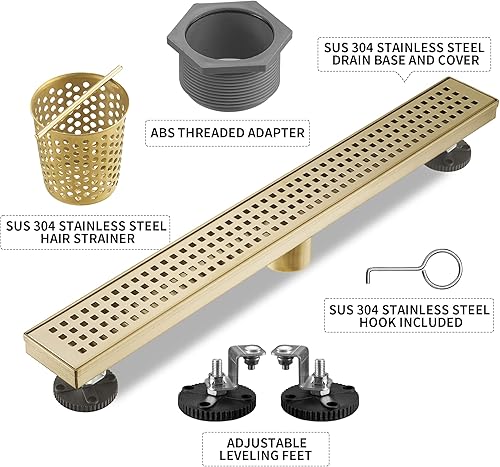Miniatura 5 de BAUNVB Drenaje lineal de ducha rectangular de 24 pulgadas, drenaje de ducha dorado cepillado, drenaje lineal de piso de acero inoxidable SUS-304,