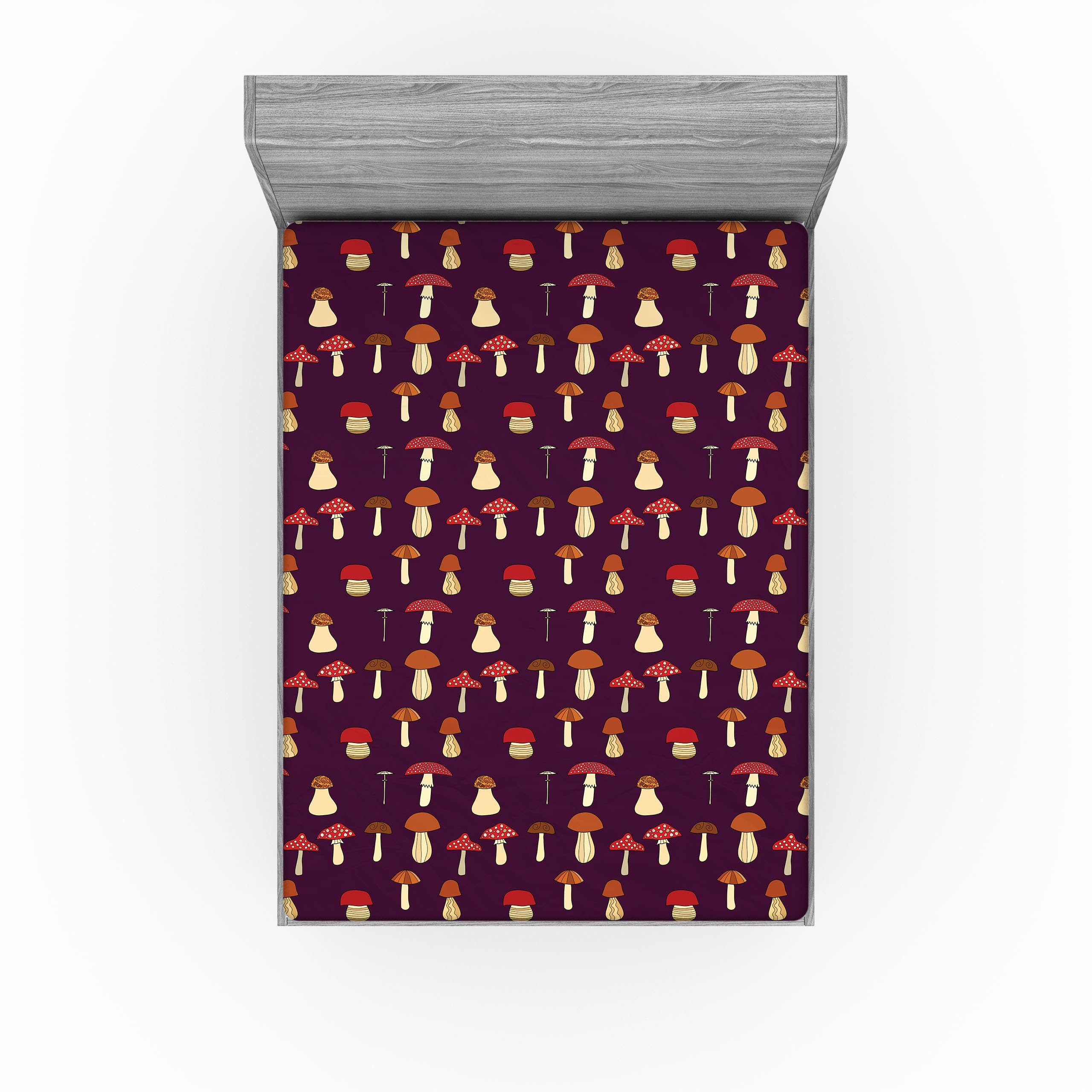 Ambesonne Mushroom 2 Pack Fitted Sheet, Porcini and Amanita, Bed Cover All-Round Elastic Deep Pockets 2 Pieces, Package Contains 2 Queen Size Fitted Sheets, Dark Maroon