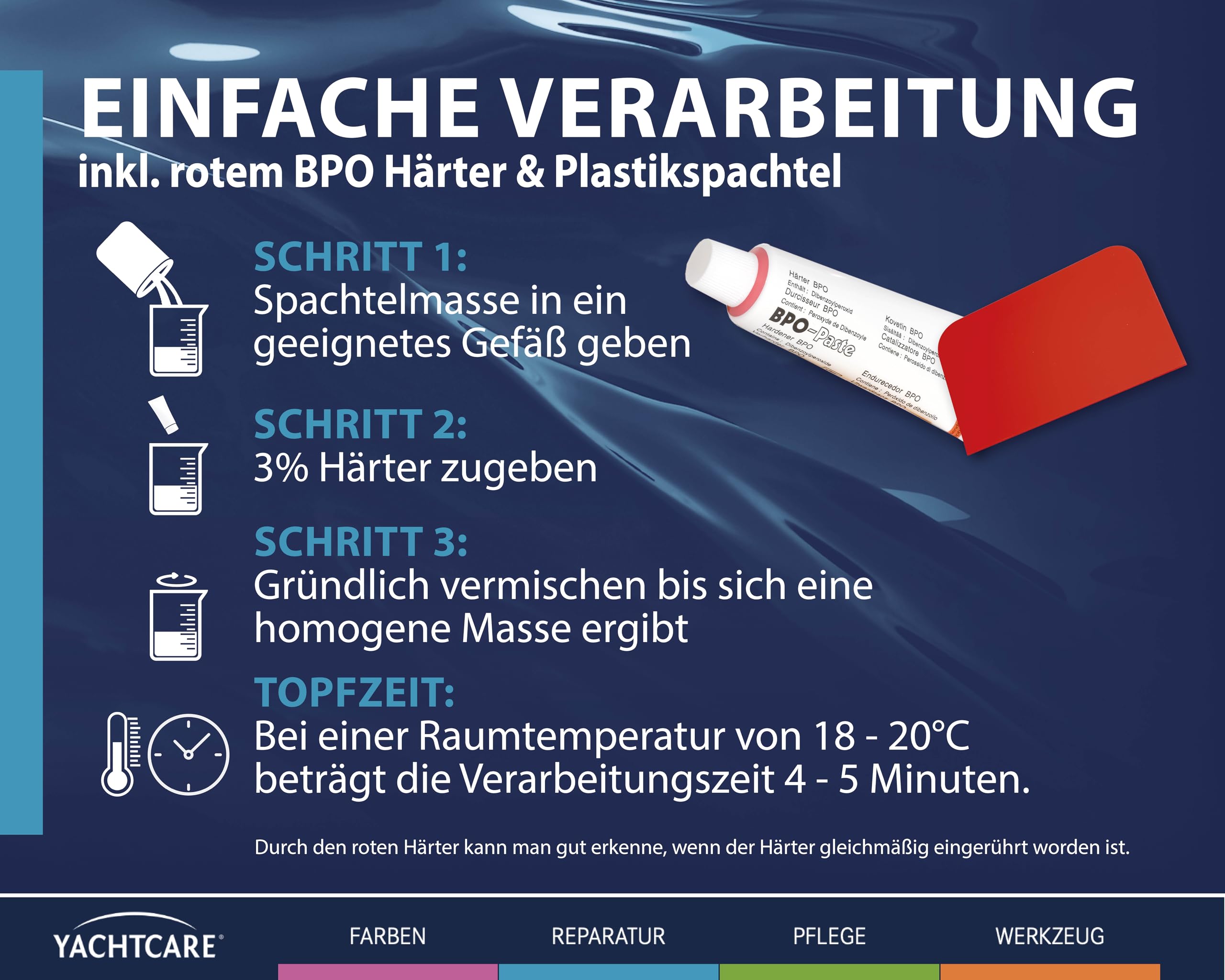 Yachtcare Szpachla poliestrowa 250 g, nie zawiera styrenu – 2K szpachla wypełniająca do samochodu, łodzi, metalu, drewna i włókna szklanego – niska kurczliwość się, szybkoschnąca i nadająca się do
