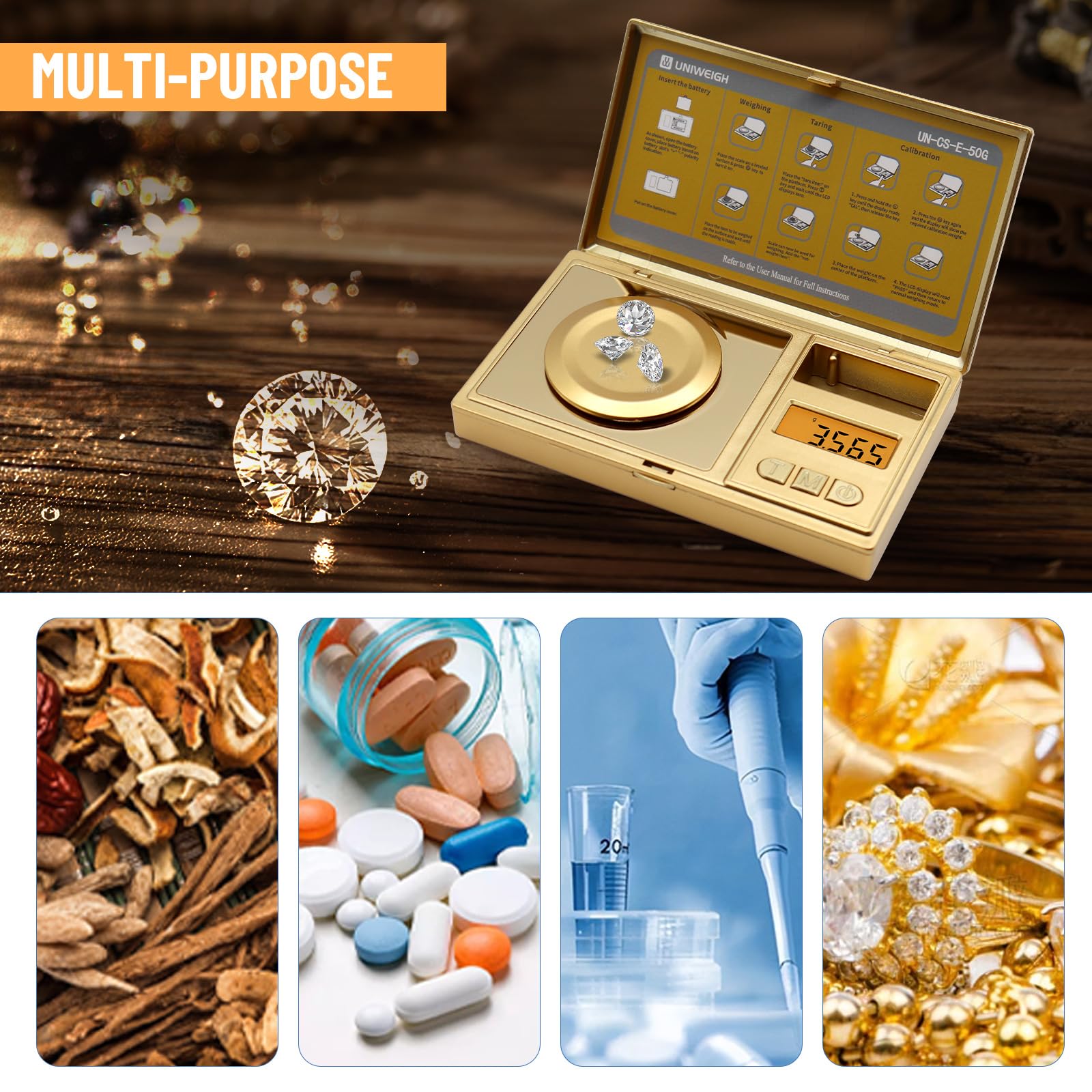 UNIWEIGH Báscula electrónica de miligramos de alta precisión con tara, 6 unidades, para medicina en polvo, piedras preciosas, color dorado