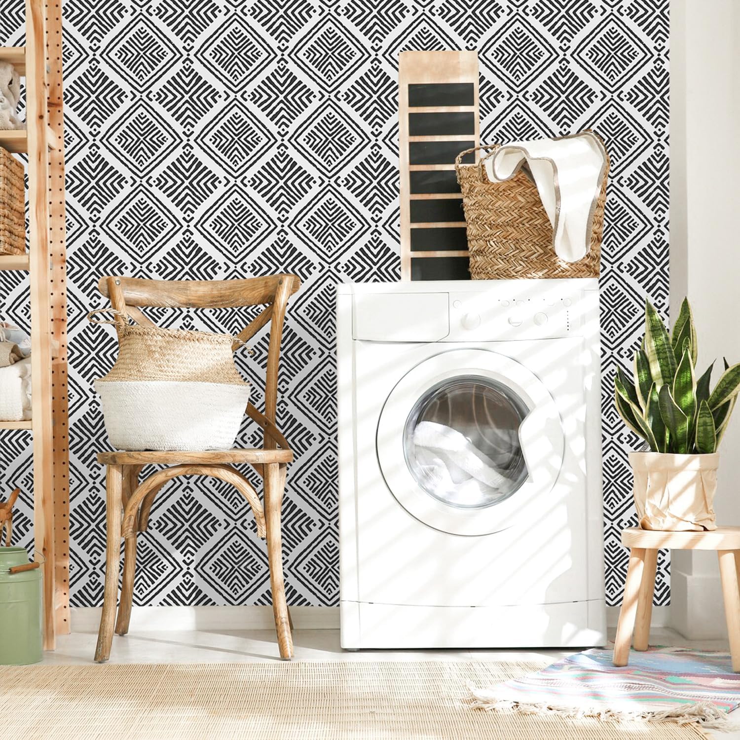 Papel tapiz blanco y negro para despegar y pegar, papel de contacto geométrico bohemio para armarios, moderno, autoadhesivo, extraíble, cocina, baño, impermeable, papel de contacto blanco y