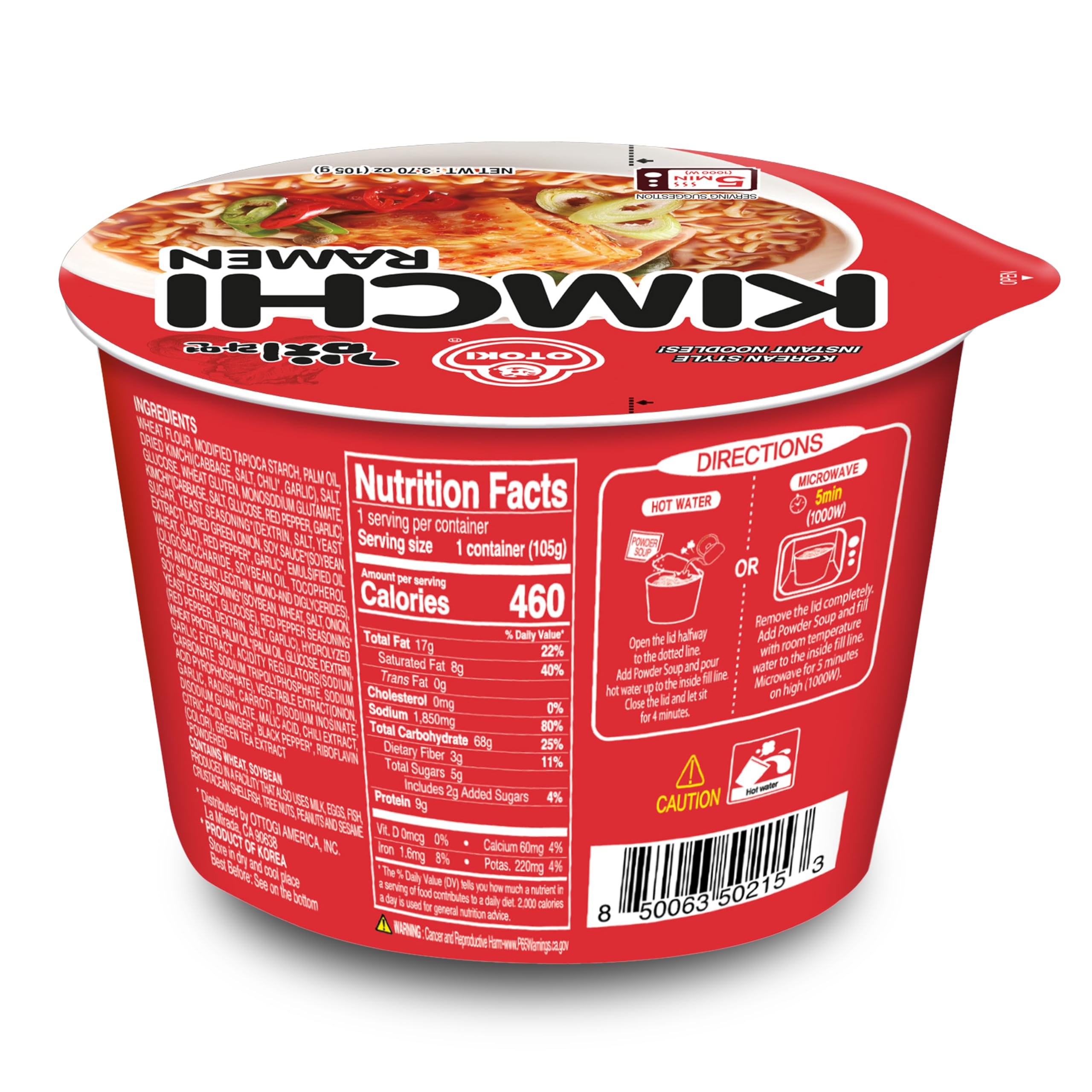 OTOKI Kimchi Ramen Bowl Cups 6 Pack (105g) Korean Instant Noodles Tangy Spicy Kimchi Flavor