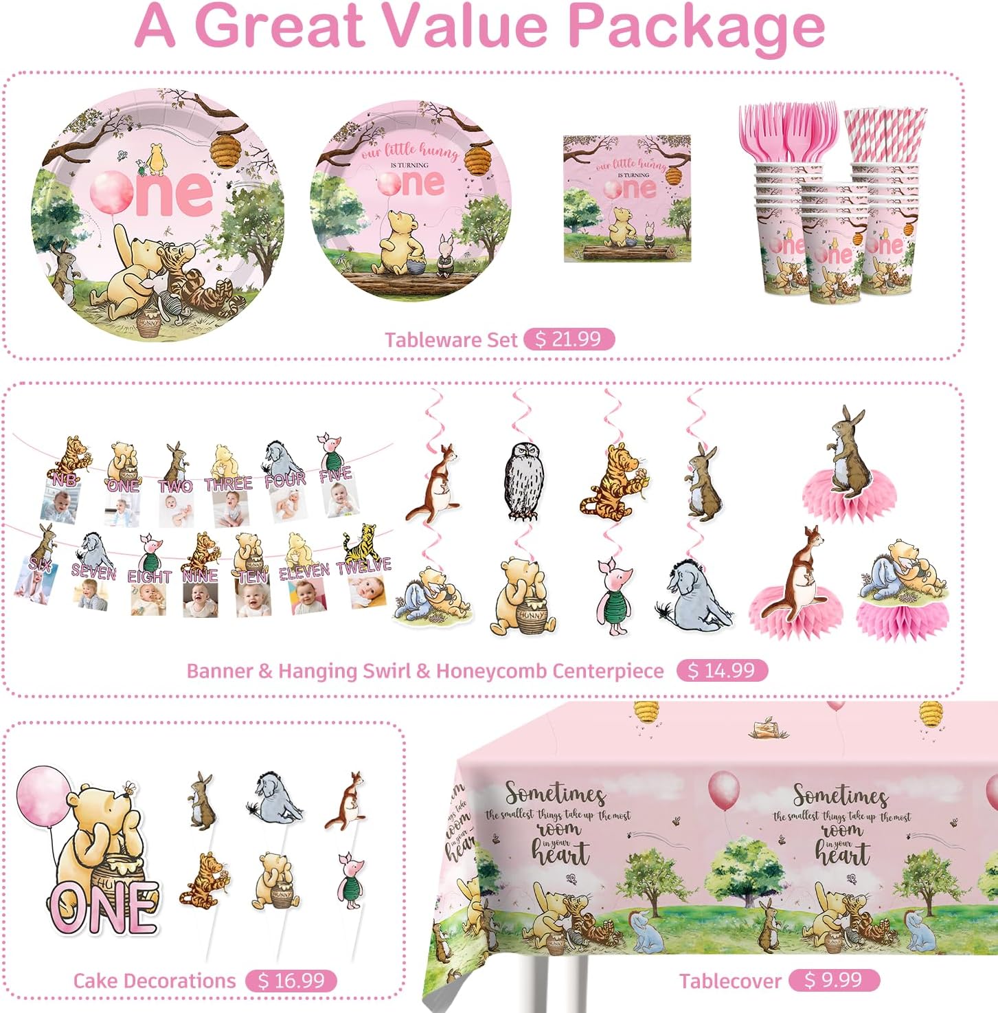 213Pcs Bear First Birthday Decorations for Girl Serves 25 Guests, 1st Birthday Decorations Girl Include Banner, Plates, Napkin, Cup, Forks, Straw and Tablecloth, 1st Party Decorations - Image 3