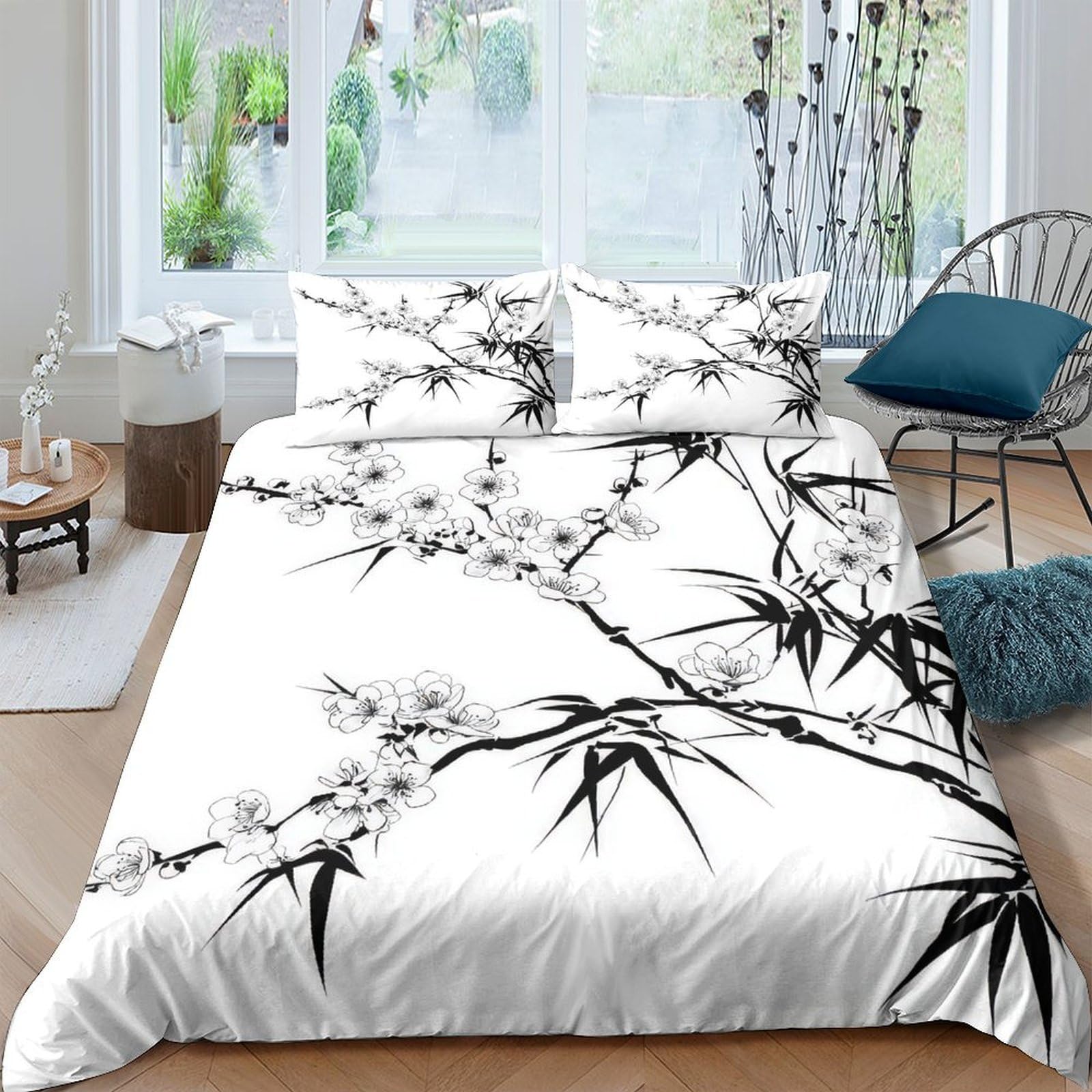 Ctjqhvkz Style-10 3D Printed Ink Bamboo Fitted Sheet Microfiber Soft Breathable Plum Blossom Mattress Cover Bedroom Decor Single（135X200cm）