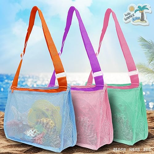 AOYOO Paquete de 3 bolsas de malla para juguetes de playa bolsa de recolección de conchas para niños bolsa de arena para sostener conchas juguetes