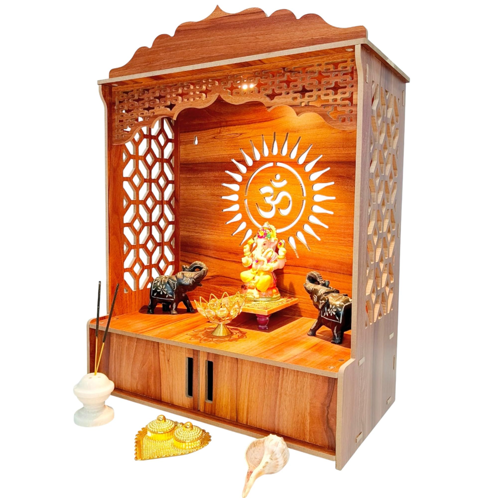 Devson™ Premium Wooden Temple | Wooden Pooja MANDIR for Home and Office use with LED SPOT Light | Wooden mandir with Storage Shelves | (Size - H 21 x L 16 x W 9 inch) 15 DEV DRWR-image-16