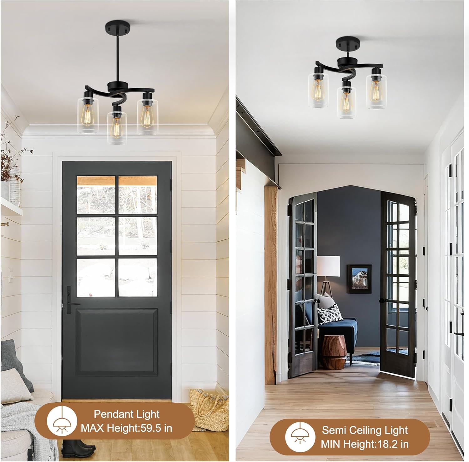Sigaitwei 3-Light Modern Farmhouse Chandelier for Dining Room Light Fixtures，16.5" Black Kitchen Island Pendant Lighting, Adjustable Hanging Light for Dining Room with Clear Glass Shades