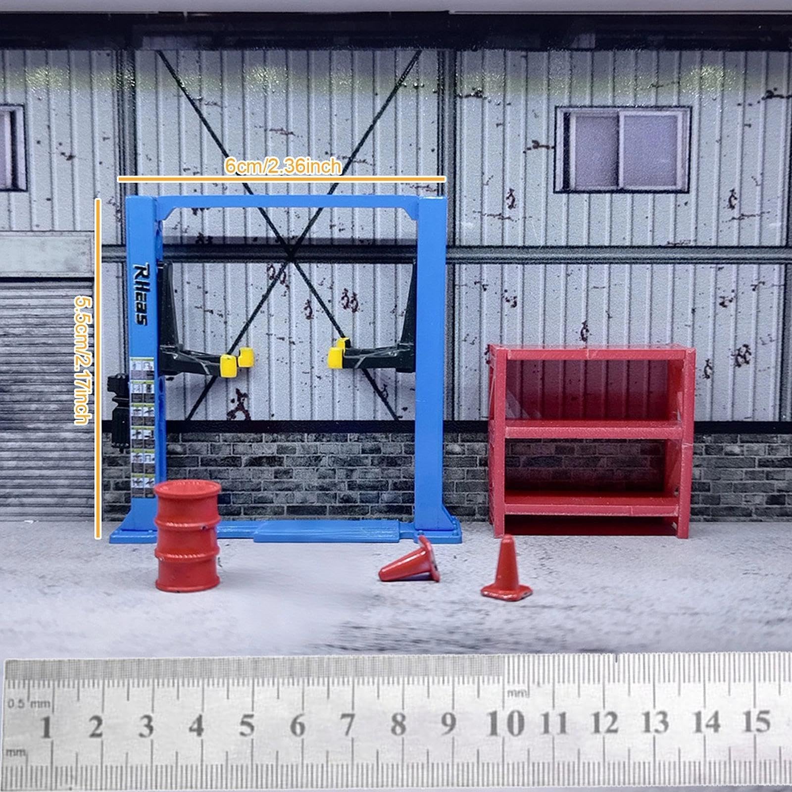 perfeclan 1/64 Diorama Garage Zeug Miniatur 4 Teile/satz Architektur Modell – Inkl. Hebebühne, Ölfass & Verkehrskegel – Für Modellbau & Fotografie – Ideal für Auto-Dioramen​, Blauer Farbaufheller