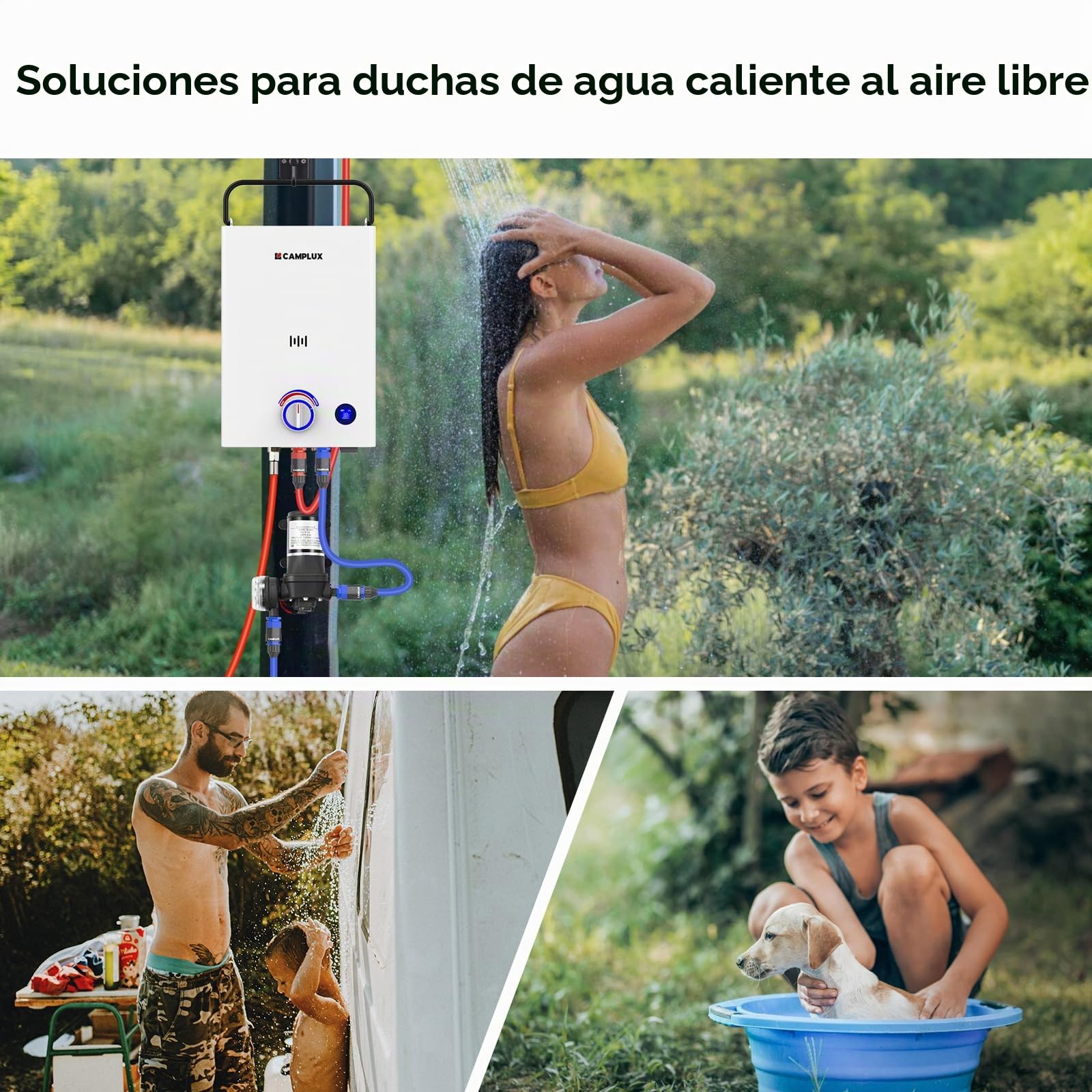 CAMPLUX First 10 L/M Calentador de Agua a Gas con Bomba de Agua & Mango, GPL (50mbar), para Ducha al Aire Libre/Camping/RVs, F10 Pro-DE