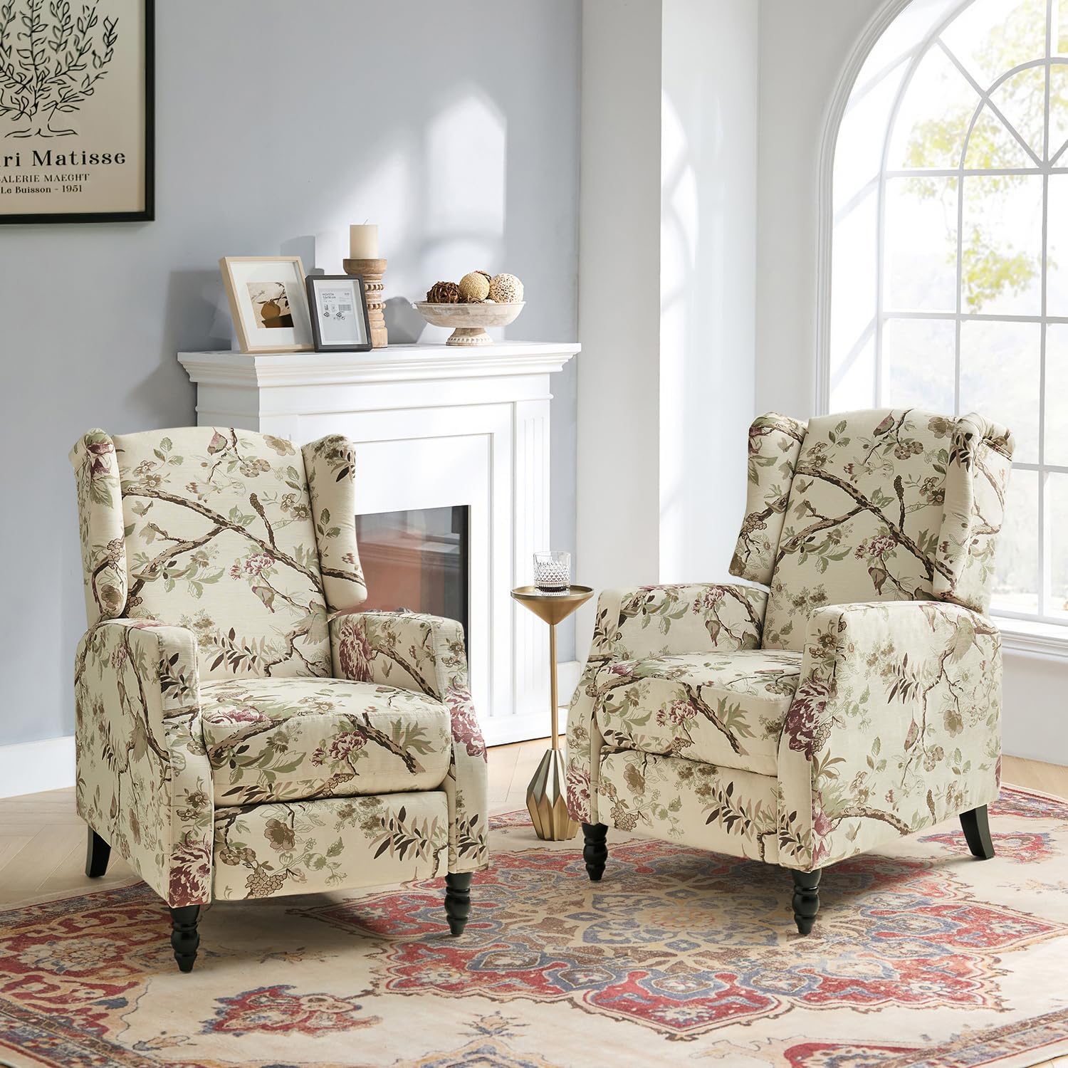Bird Pattern Wingback Recliner Set with Cushioned Seat