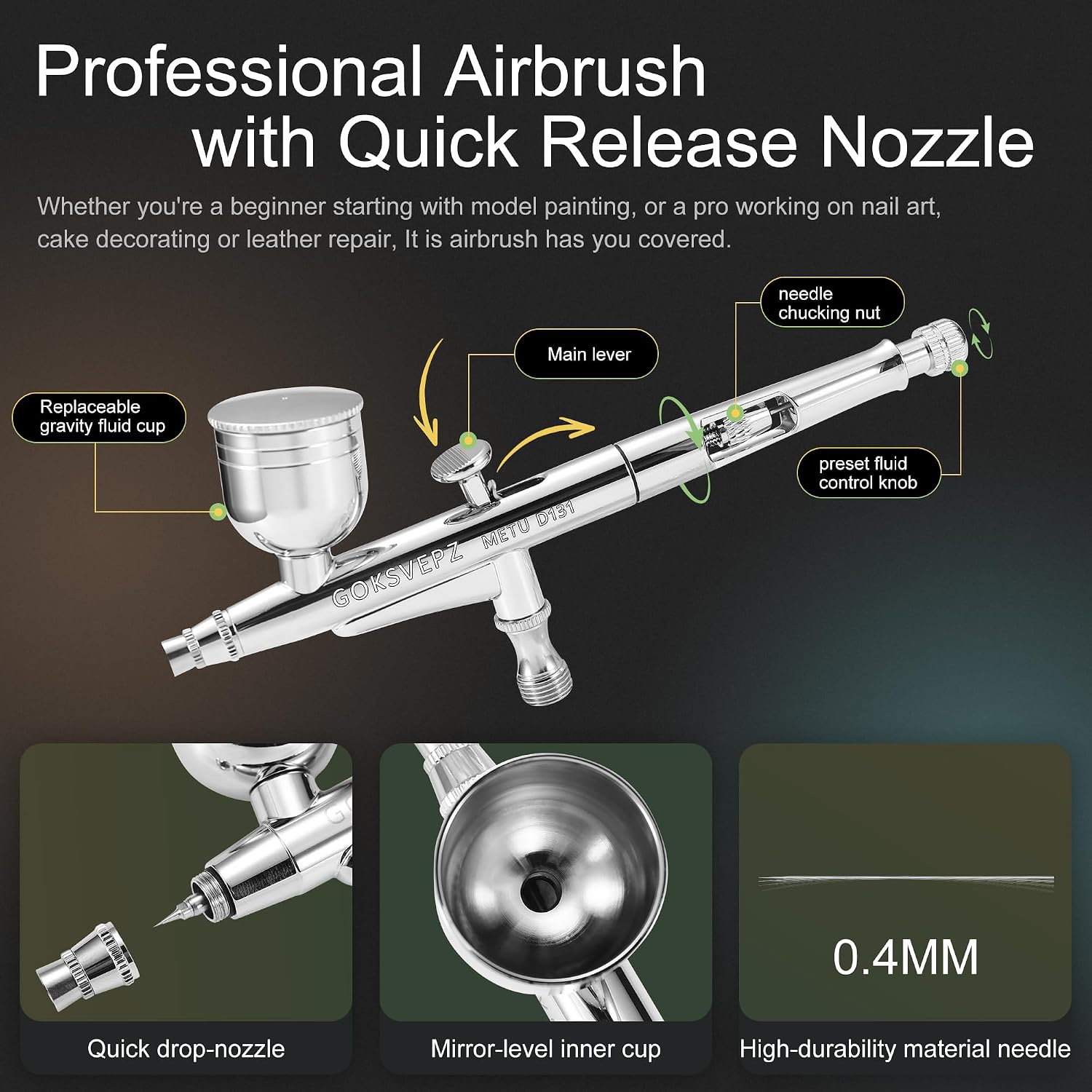 Airbrush Kit with Air Compressor, Portable 27PSI 7 Pressure Levels, 35dB Ultra-Quiet, Dual-Action 0.35mm Air Brush Spray Gun for Painting, Models, Nails, Tattoo, Makeup, Crafts & Cake Decor
