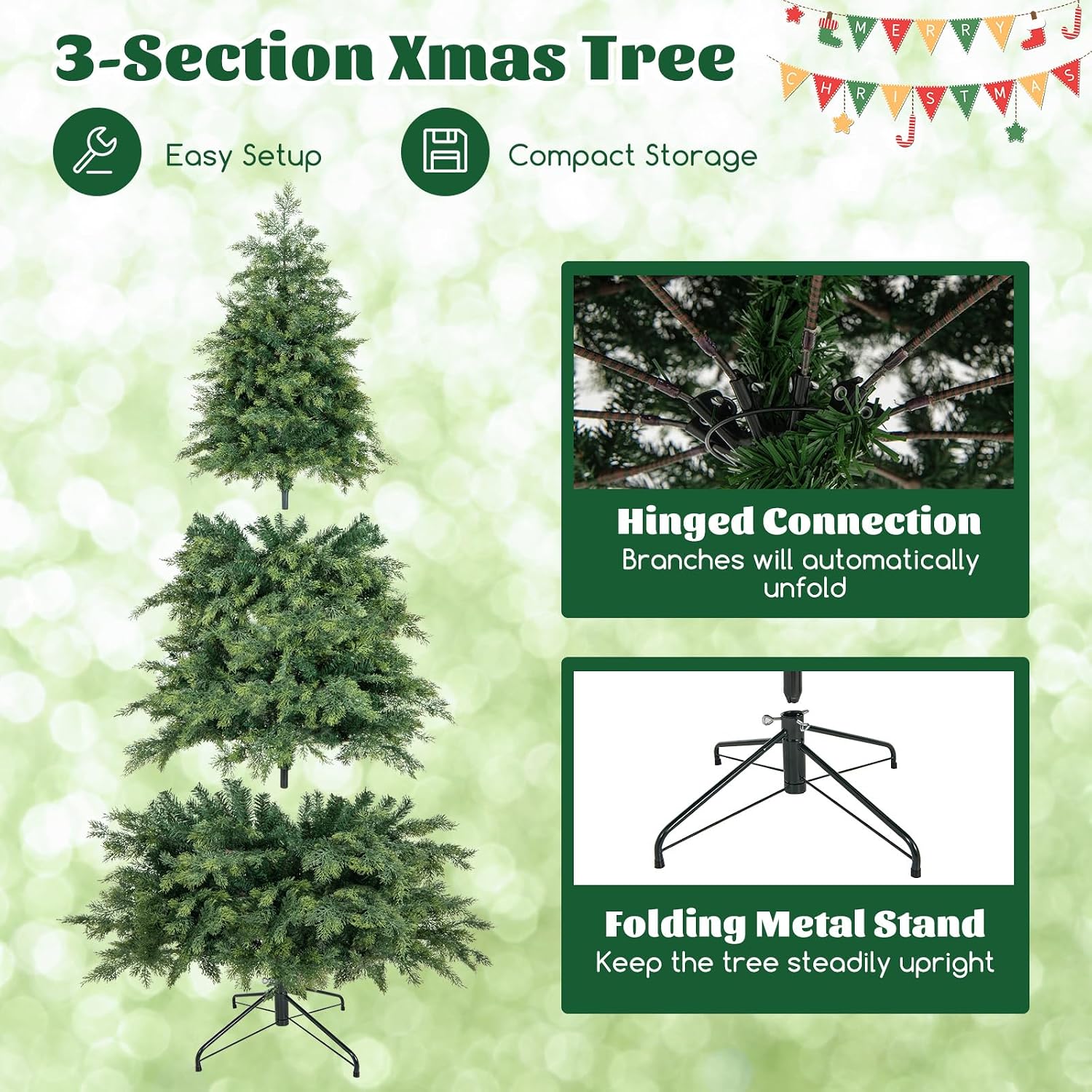 DORTALA 7.5 FT Christmas Tree Green, Hinged Artificial Full Xmas Tree with 1019 PVC & PE Branch Tips, Foldable Metal Stand, Unlit Decor Tree for Home Office Party