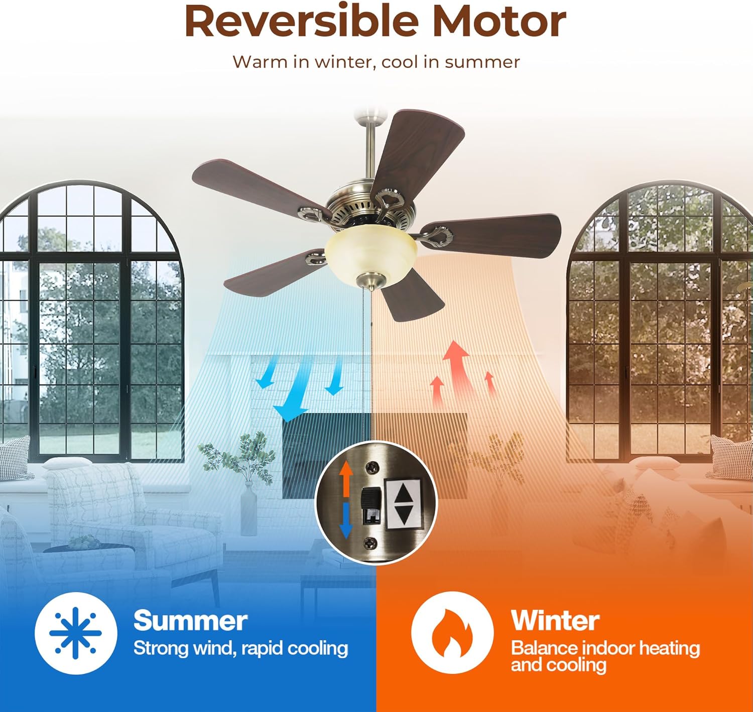 42 Inch Low Profile Ceiling Fan with Light, 3-Speed Reversible Motor, Pull Chain Control, Dual-Finish Blades - Modern Quiet Indoor Outdoor Flush Mount Fans for Bedroom, Kitchen, Porch, Covered Patio