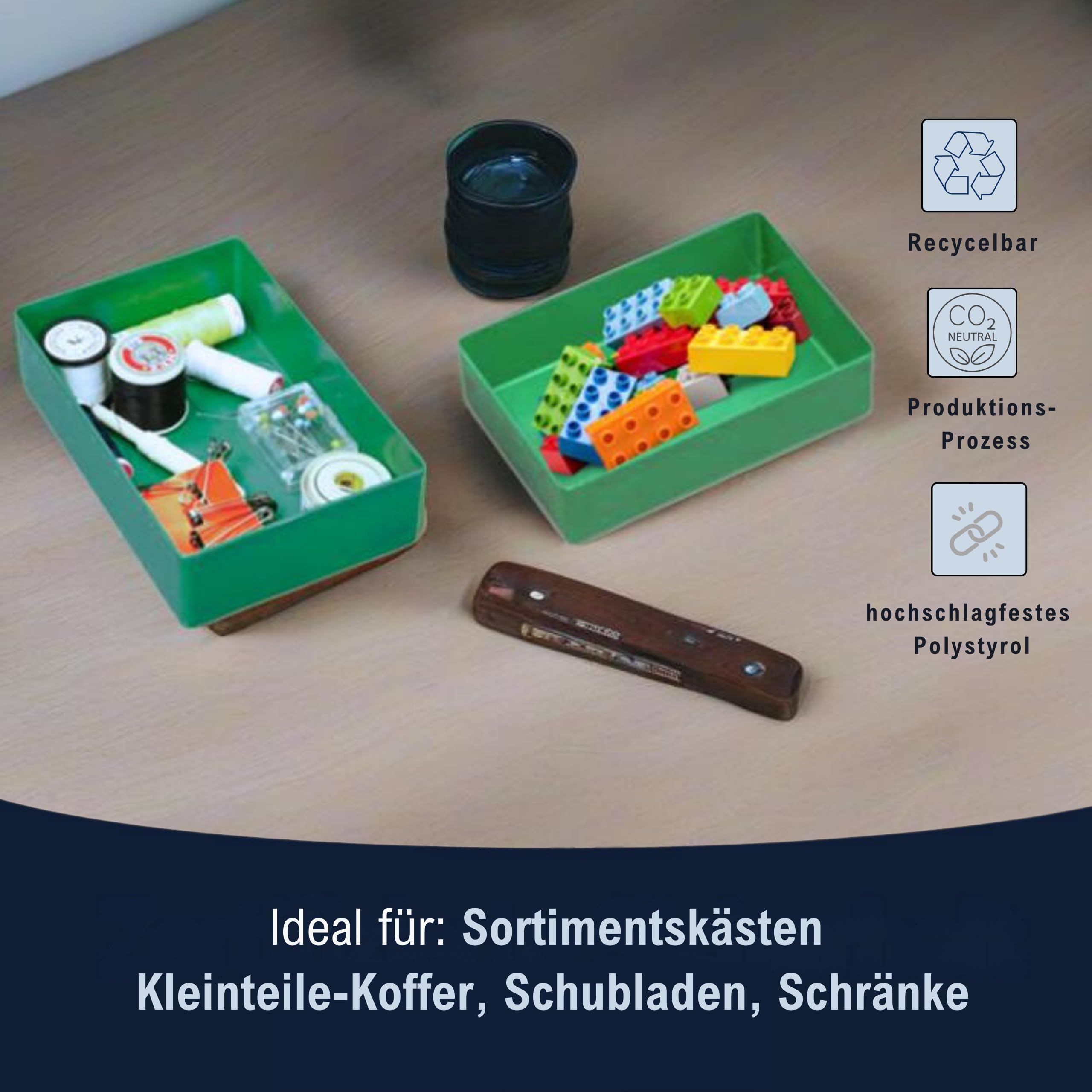 Huenersdorff 25 St. Einsatzbox 162 x 108 x 45mm (L x B x H) - Einsatzkasten Set für individuellen Bestückung von Sortimentskästen, Kleinteile-Koffern, Schubladen und Schränken - Grün
