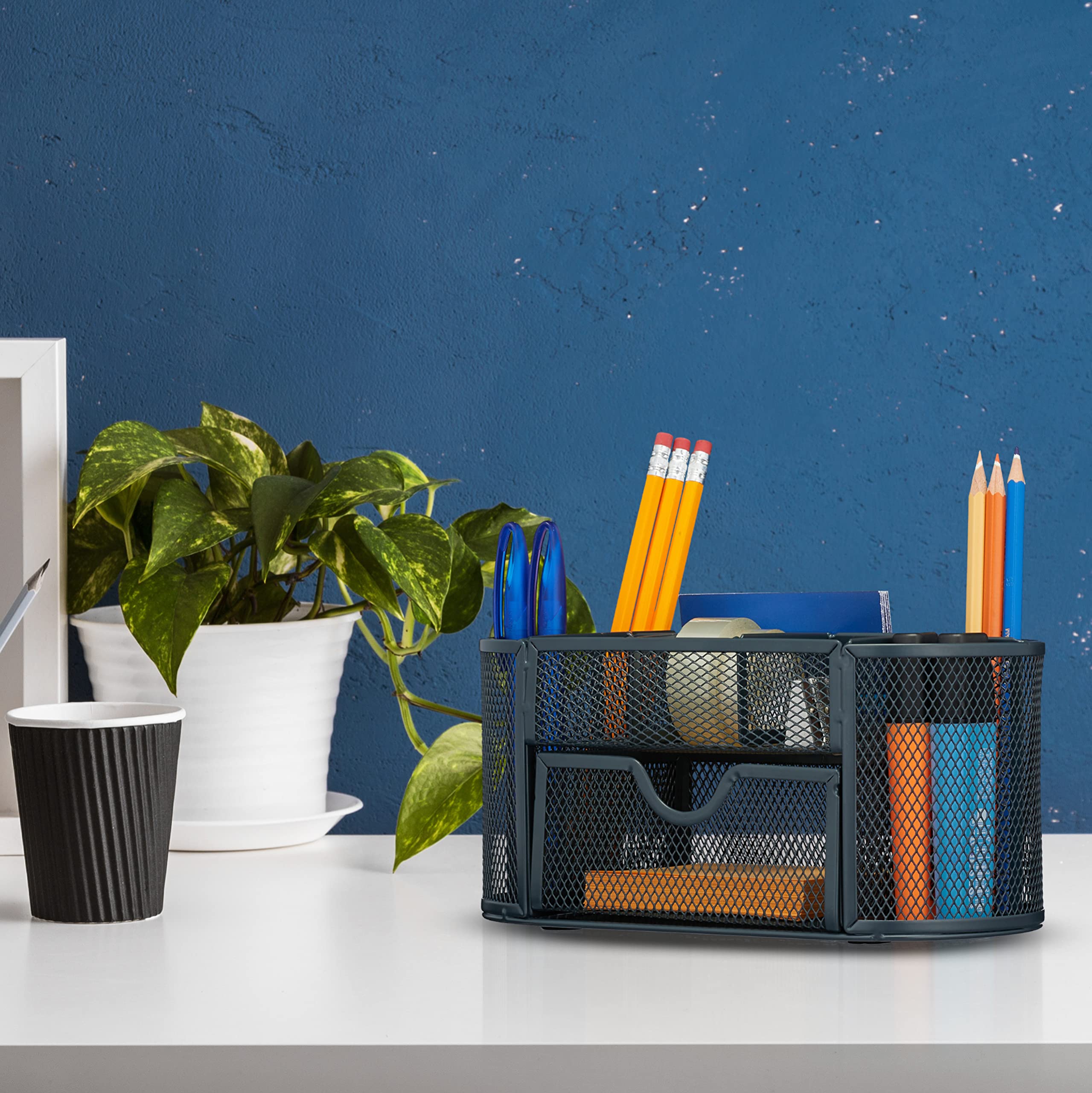 Relaxdays Desk Organiser, Modern Look, Metal Mesh, Total Dimensions: H x W x D approx. 10.5 x 22 x 11 cm, Grey, Steel - Image 2