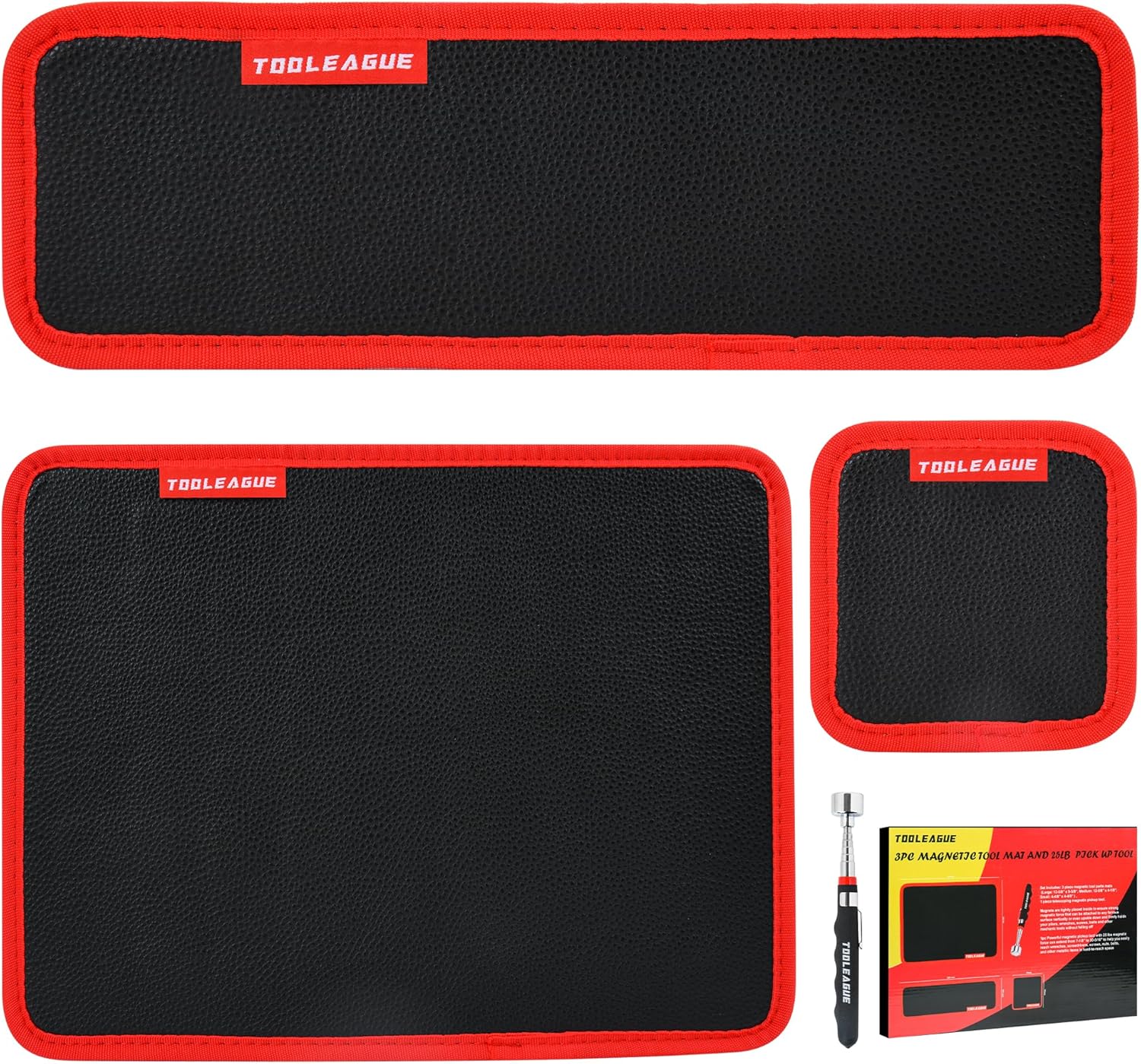 TOOLEAGUE 3Pcs Magnetic Tool Mat with 25Lb Telescoping Magnetic Pickup Pen,3 Different Size Parts Tool Holder Pad for Organizing Mechanic Wrench Screw Bolts Nuts and Other Small Metal Parts