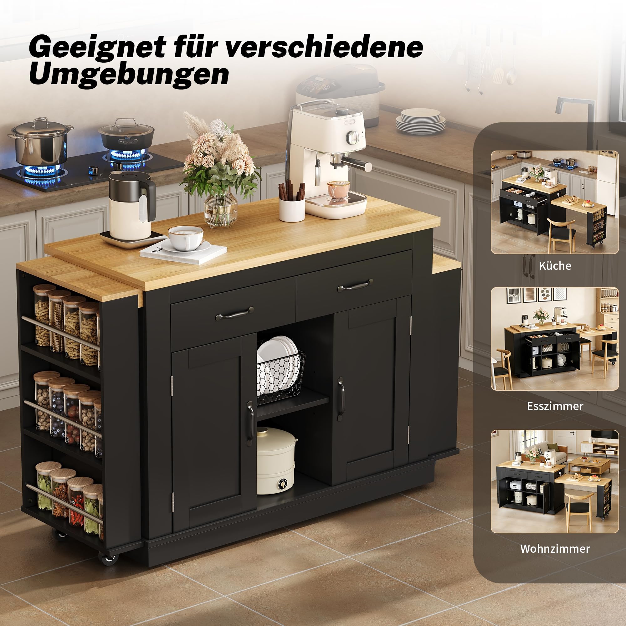 Isla de cocina móvil extensible negra 142-340 cm – Cocina independiente con encimera, enchufes y 2 mesas, mucho espacio de almacenamiento para familias grandes y loft