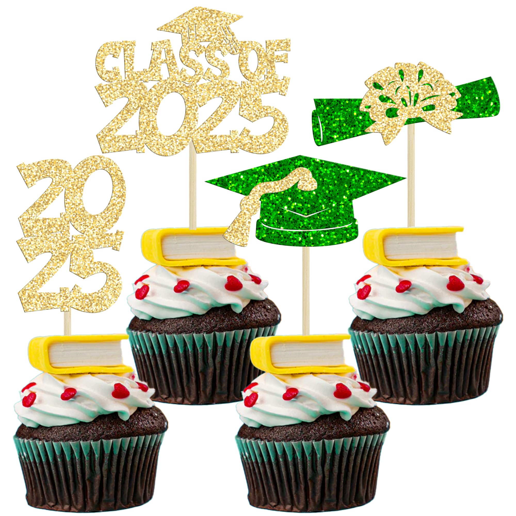 Ephlyn 36Pcs 2026 Graduation Theme Cupcake Toppers Glitter Class of 2026 Congrats Grad Diploma Graduation Cap Cupcake Picks for 2026 Graduation Theme Party Cake Decorations Supplies Gold Green