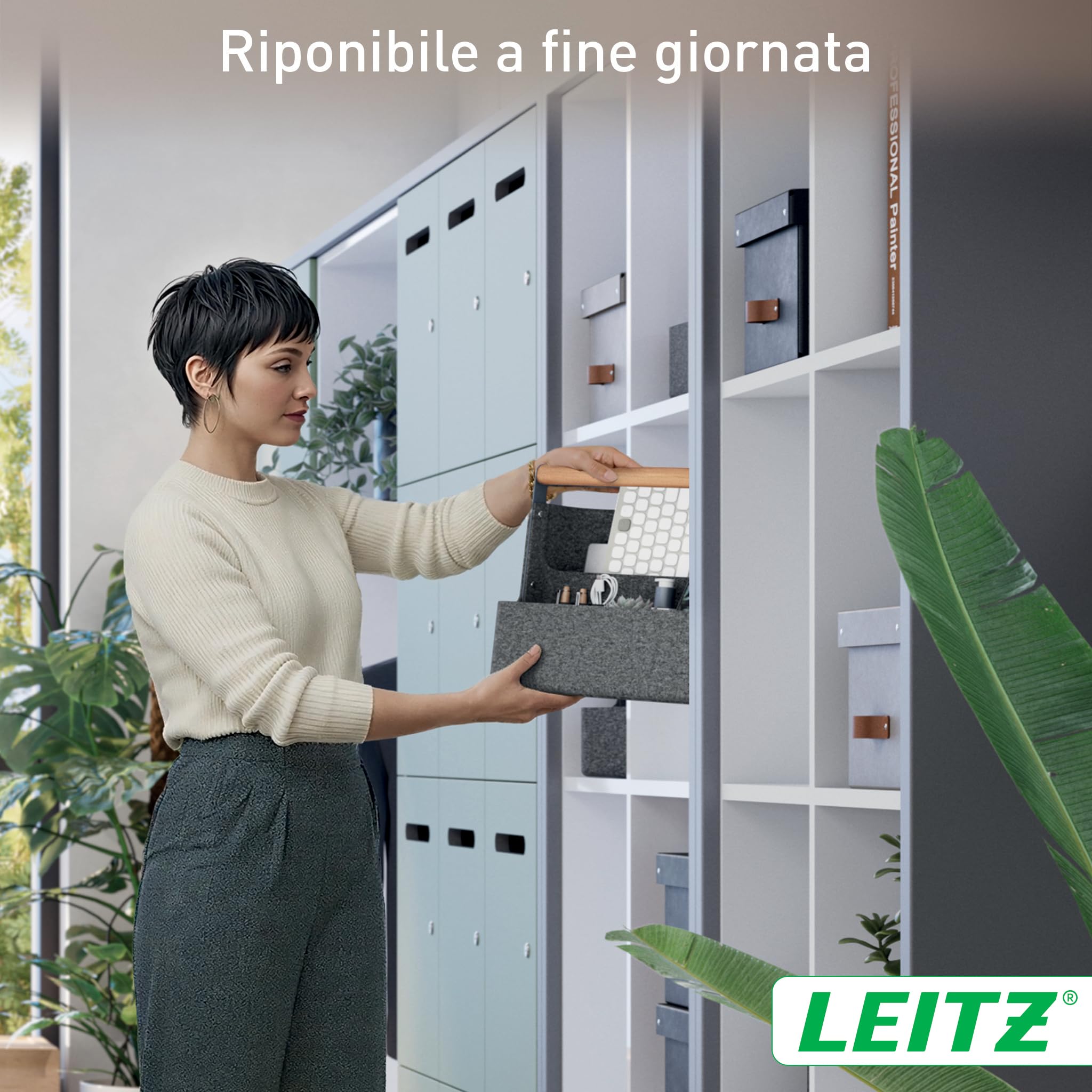 Leitz Organizer da Scrivania Portatile con Manico - Organizer per Hot Desk con Funzione Appendibile, Manico in Legno, Vassoio Interno Rimovibile e Porta Oggetti Elastici - 38 x 19 x 30-33cm