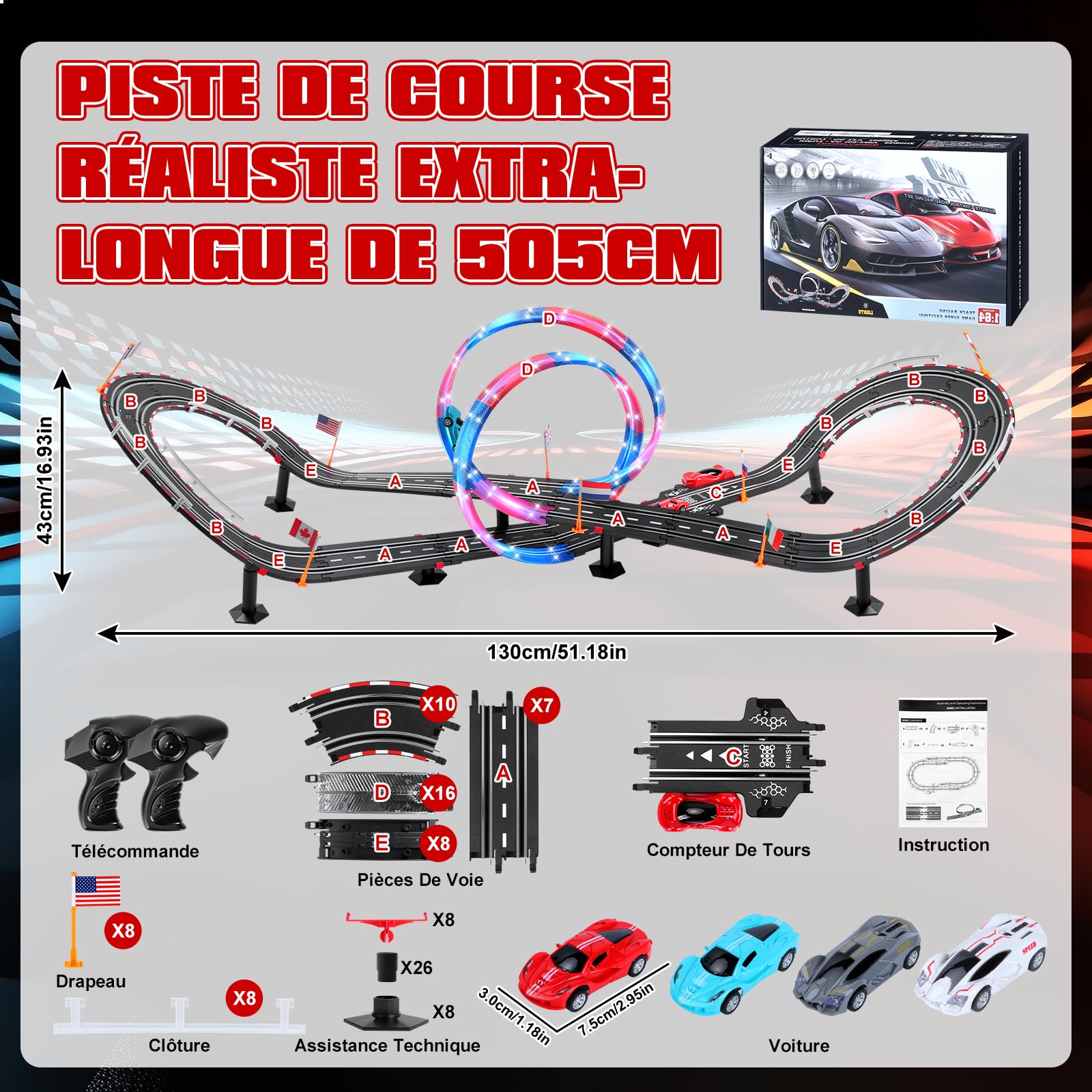 Circuit Voiture Electrique Lumineuse 1:64 Piste - 4 LED Voitures