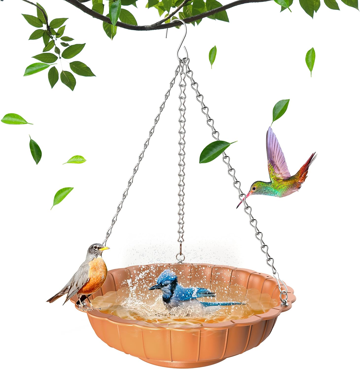 Fnydvis Hanging Bird Bath, Birdbath Bowl Hanging Bird Feeder Tray for Outdoor Garden, Patio, Backyard, Large Capacity, Gift for Bird Lovers (Brown)