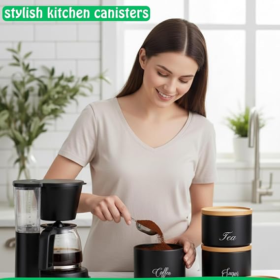 ADEPTNA 3PCS Stackable Tea Coffee Sugar Canister Set with Bamboo Lids – Decorative Kitchen Storage Jars – Airtight Metal Food Containers – Powder Coated, Durable, Modern Kitchen Organiser Set