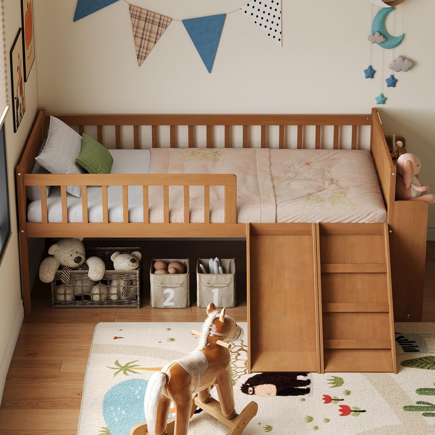 Twin Size Low Loft Bed Frame with Open Storage Shelf, Wood Kids Loft Bed with Slide and Ladder for Boys Girls Teens Children Bedroom, Kids Bed with Guardrail, No Box Spring Needed (Natural)
