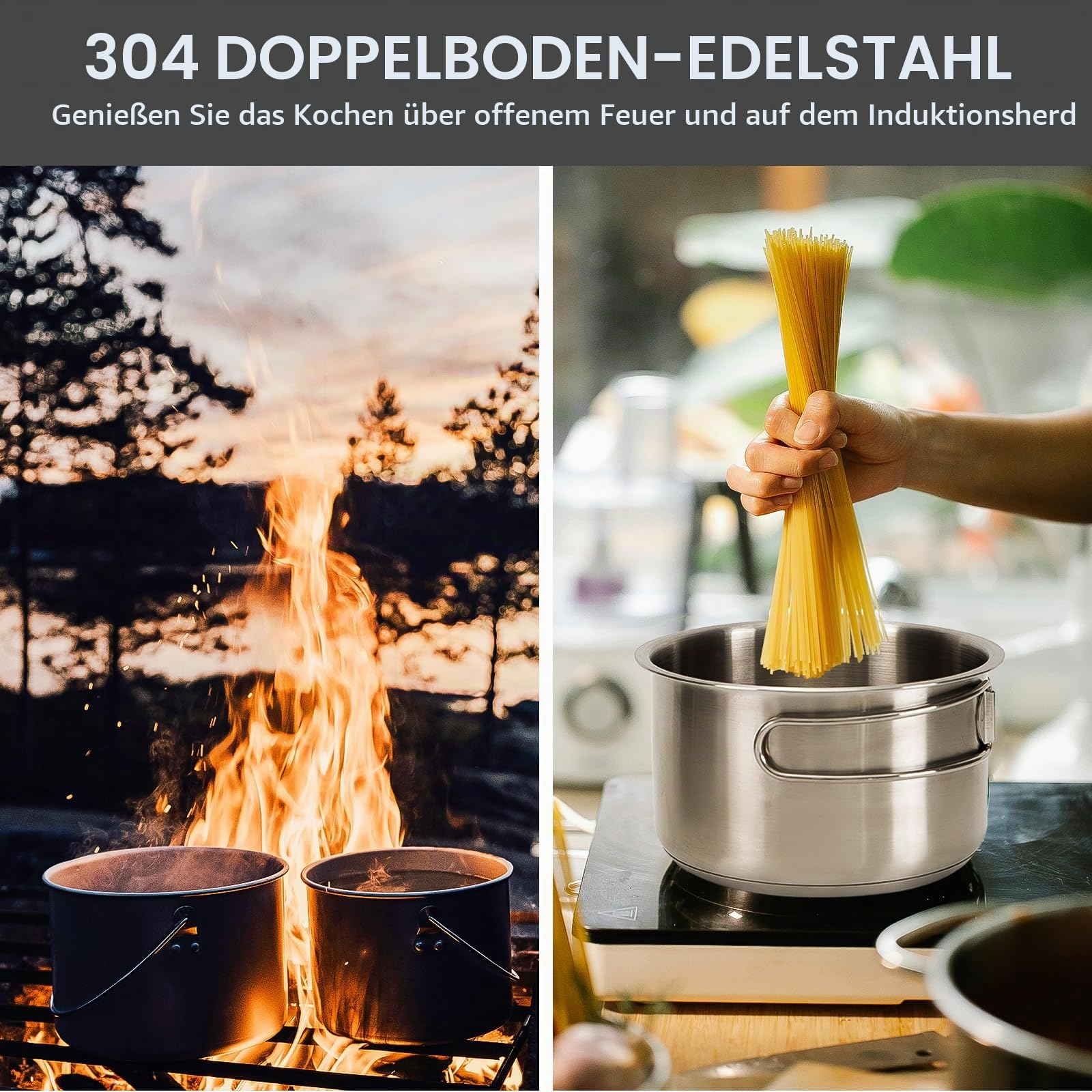 KingCamp Camping-Kochgeschirr-Set, 304 Edelstahl, Lagerfeuer, Kochtöpfe, Pfanne und Wasserkocher mit Reisetasche, für Camping, Outdoor, Küche, Kochen, Picknick für 4–6 Jahre | Tragbare stapelbare Lagerfeuer Kochtöpfe Pfanne und Wasserkocher mit Reisetasch