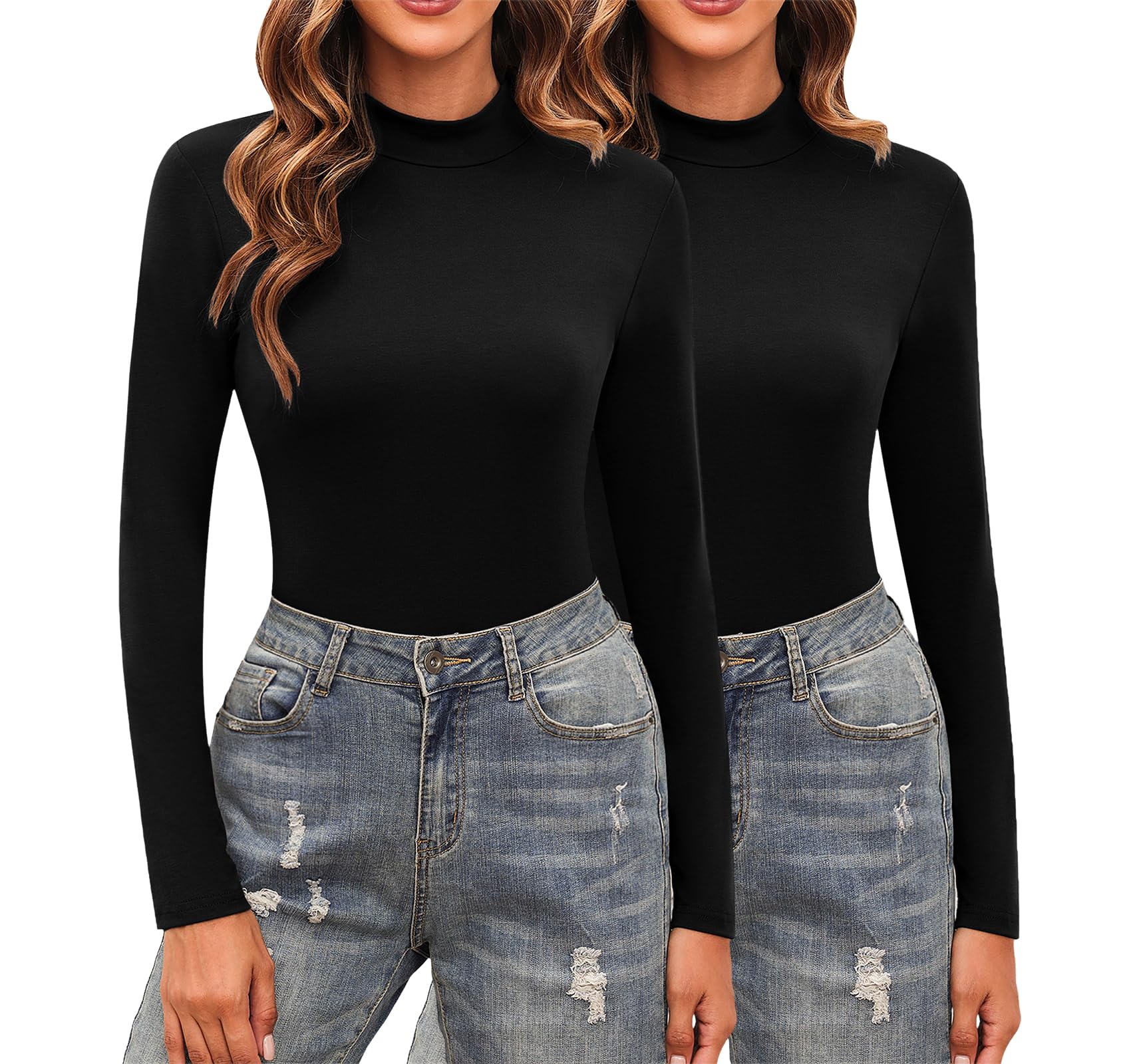 Totatuit 2er Pack Langarmshirt Damen Rollkragenshirt Oberteile High Neck Top Unterziehshirt Baumwolle Slim Fit Dünn T-Shirt