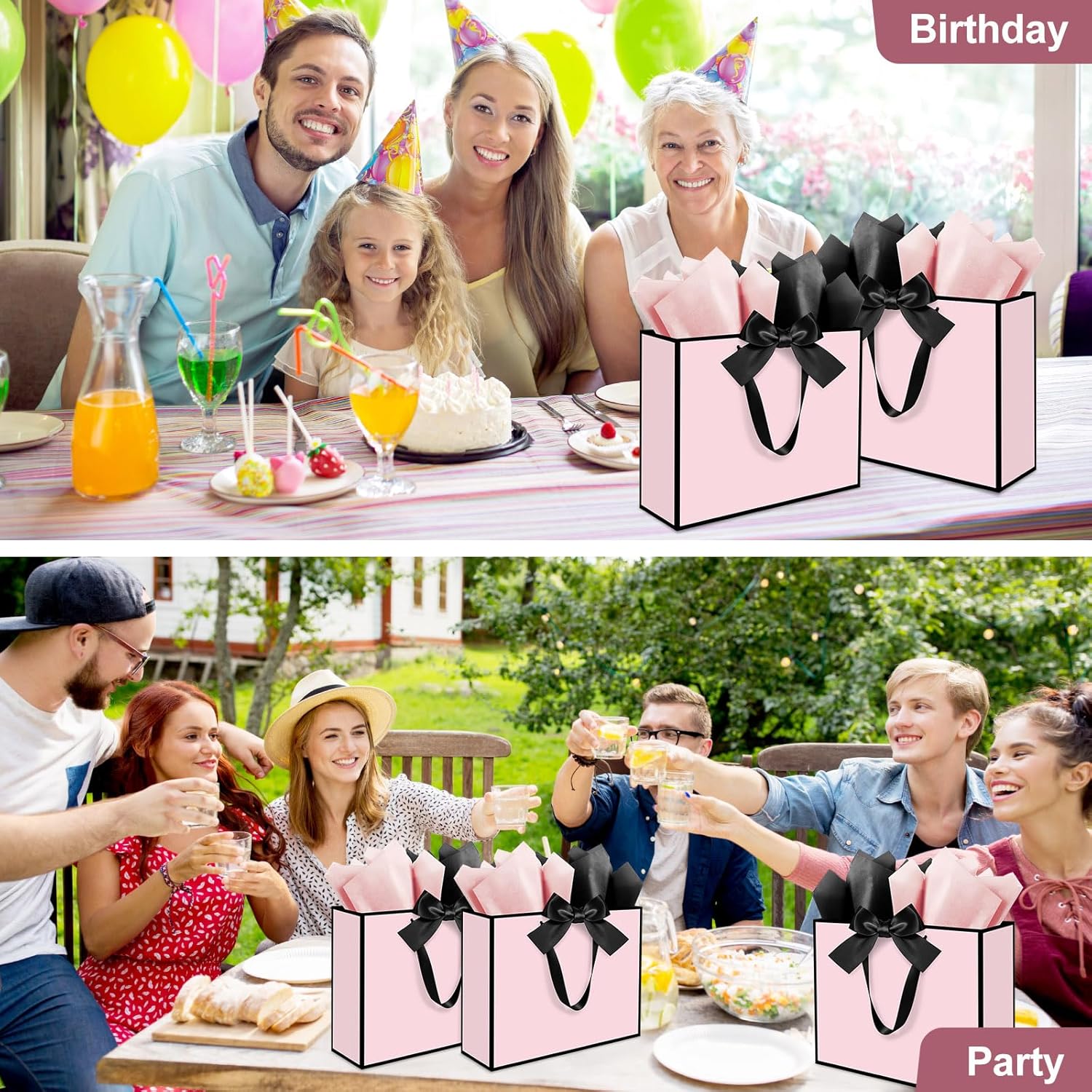 Ethhqu 3 Pack Elegant Large Gift Bags with Handles, 12.6x10x4 Inches - Set Includes Tissue Paper & Cards for Birthday, Baby Shower, Wedding, Anniversary, Christmas & Holiday Gifts (3Pcs Pink with Black Rim) - Image 4