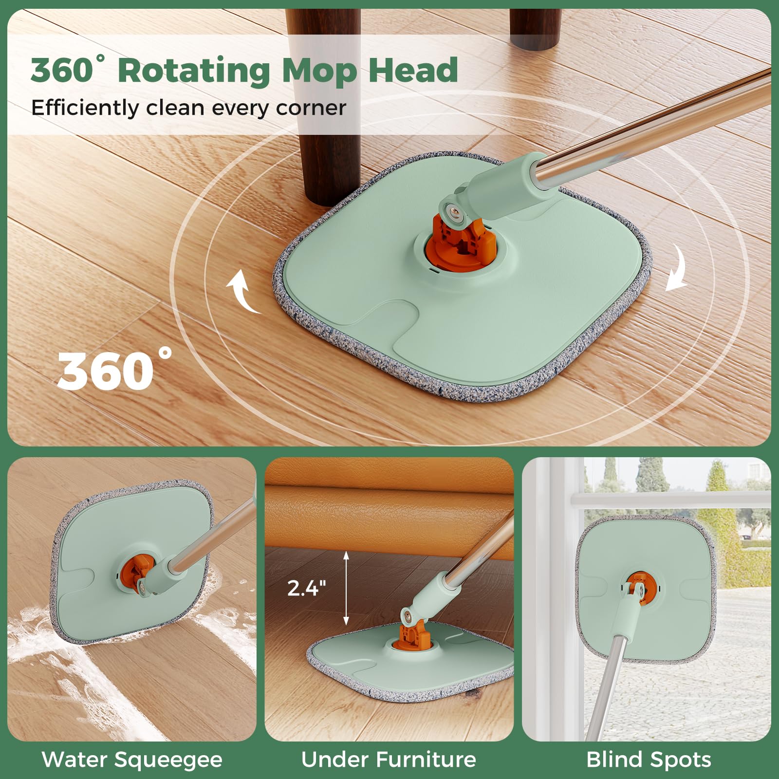 GIANTEX Juego de fregona con cubo centrifugado, fregona de microfibra con cabezal giratorio 360°, 2 paños de microfibra, mopa para aplicación en seco y húmedo (verde+2 paños de mopa)