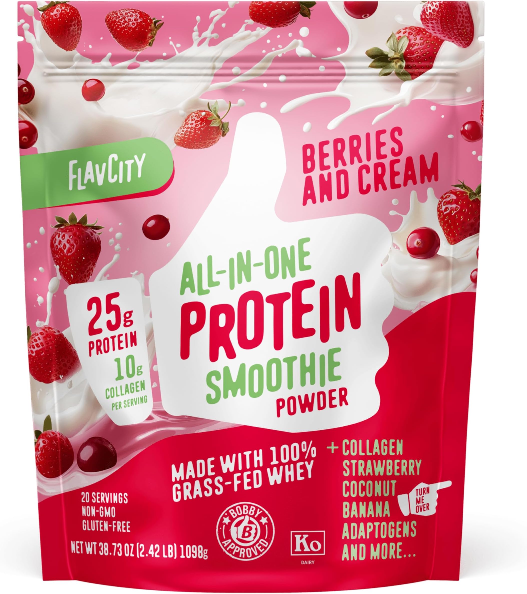 All in One Protein Shake Powder, Berries and Cream - On the Go Meal Alternative + Collagen Peptides, Reishi & Cordyceps - Focus, Skin, Hair & Joint Support - 100% Grass Fed Whey, 20 Servings