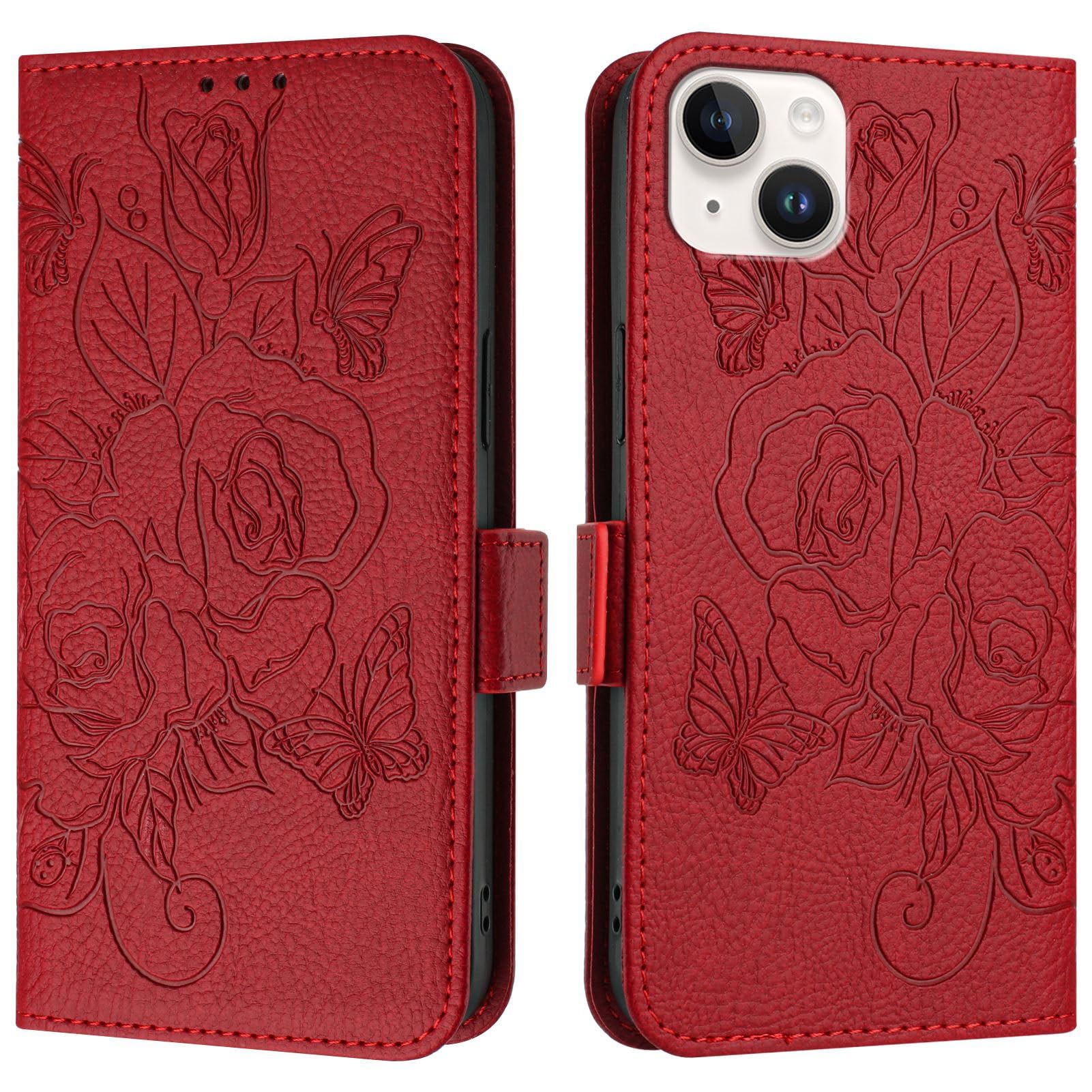 Coque iPhone 15 Plus antichoc étui protection rabat folio cuir rouge - 7