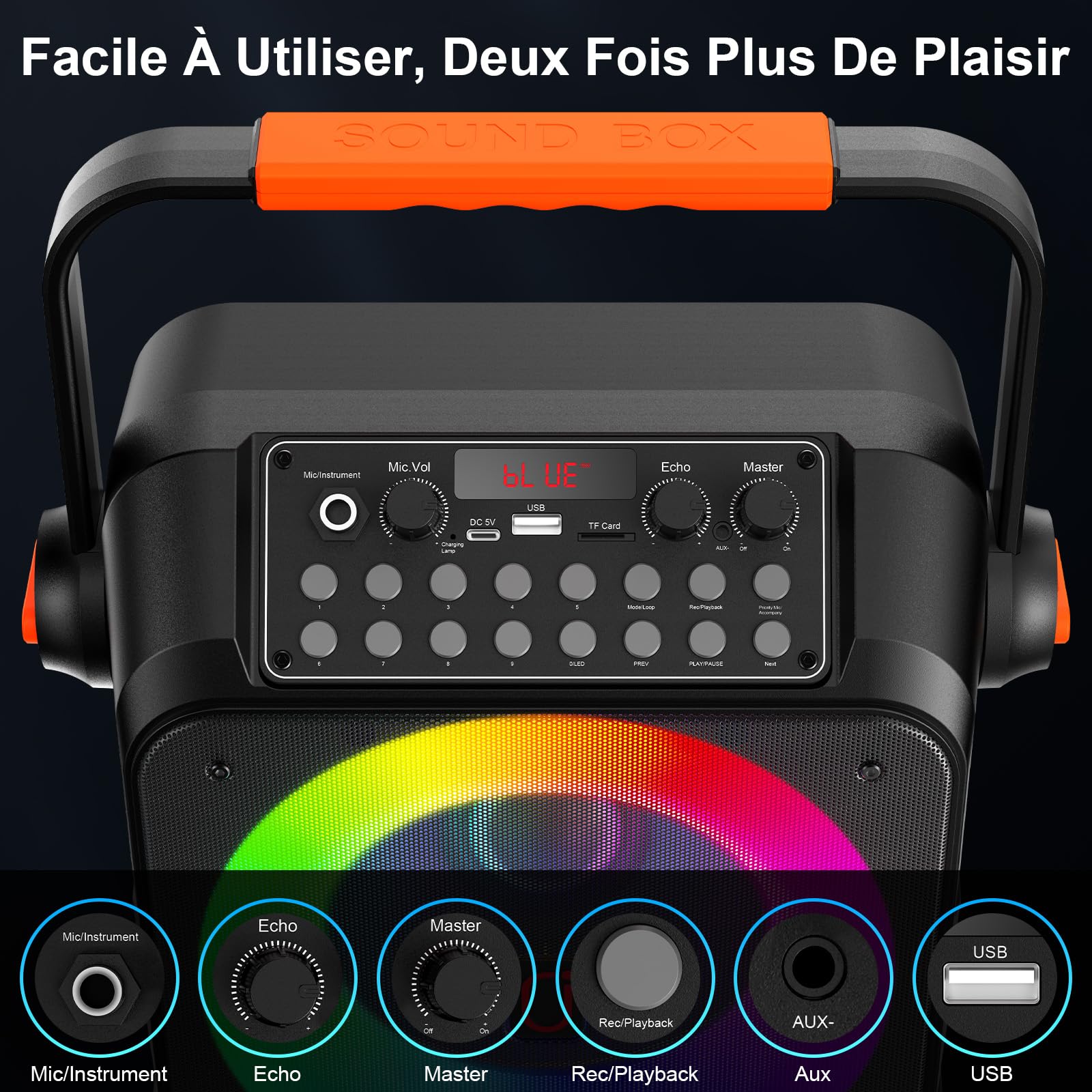 HWWR Karaoke Adulte avec 2 Microphones, Karaoké Professionnel Portable Bluetooth 5.3 avec LED, 80W Puissance Enceinte Micro, Haut-Parleur Amplifié Portable Système Karaoké Soutien REC/USB/TF/AUX
