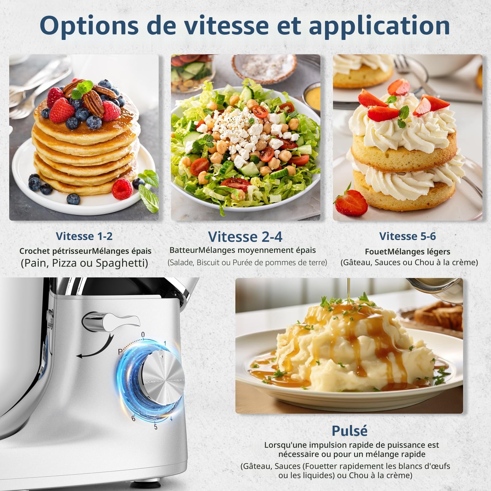 CHeflee Robot Pâtissier, 2000W Robot Pétrin, 6.2 L Robot de Cuisine Multifonction Faible Bruit avec Bol en Acier inox de,Batteur, Fouet & Crochet 6 Vitesses