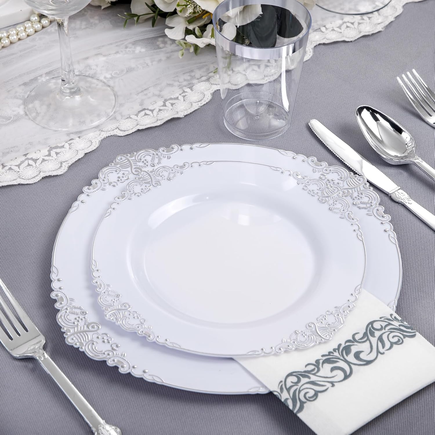 Nervure 350PCS White and Silver Plastic Plates - Silver Plastic Dinnerware Sets for 50 Guests - 100 Silver Disposable Plates, 150 Silver Plastic Silverware, 50 Cups, 100 Napkins for Wedding & Party