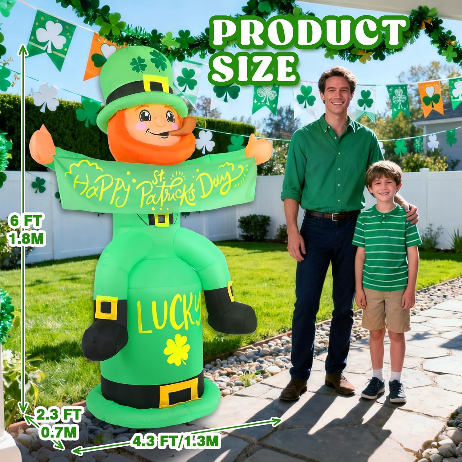 6FT St Patrick Day Inflatable Decorations Outdoor Irish Blow Up Leprechaun with Giant Clover Hat St. Patrick’s Inflatable for Yard Lawn Holiday Party Decor LED Lights